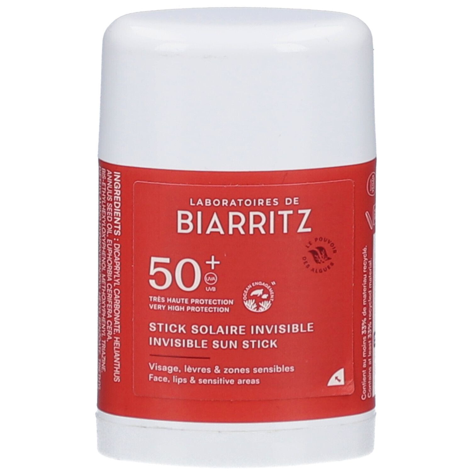 Weißer Stick mit roter Banderole. Aufschrift: Laboratoires de Biarritz, 50+ SPF, Invisible Sun Stick. Für Gesicht & Lippen.