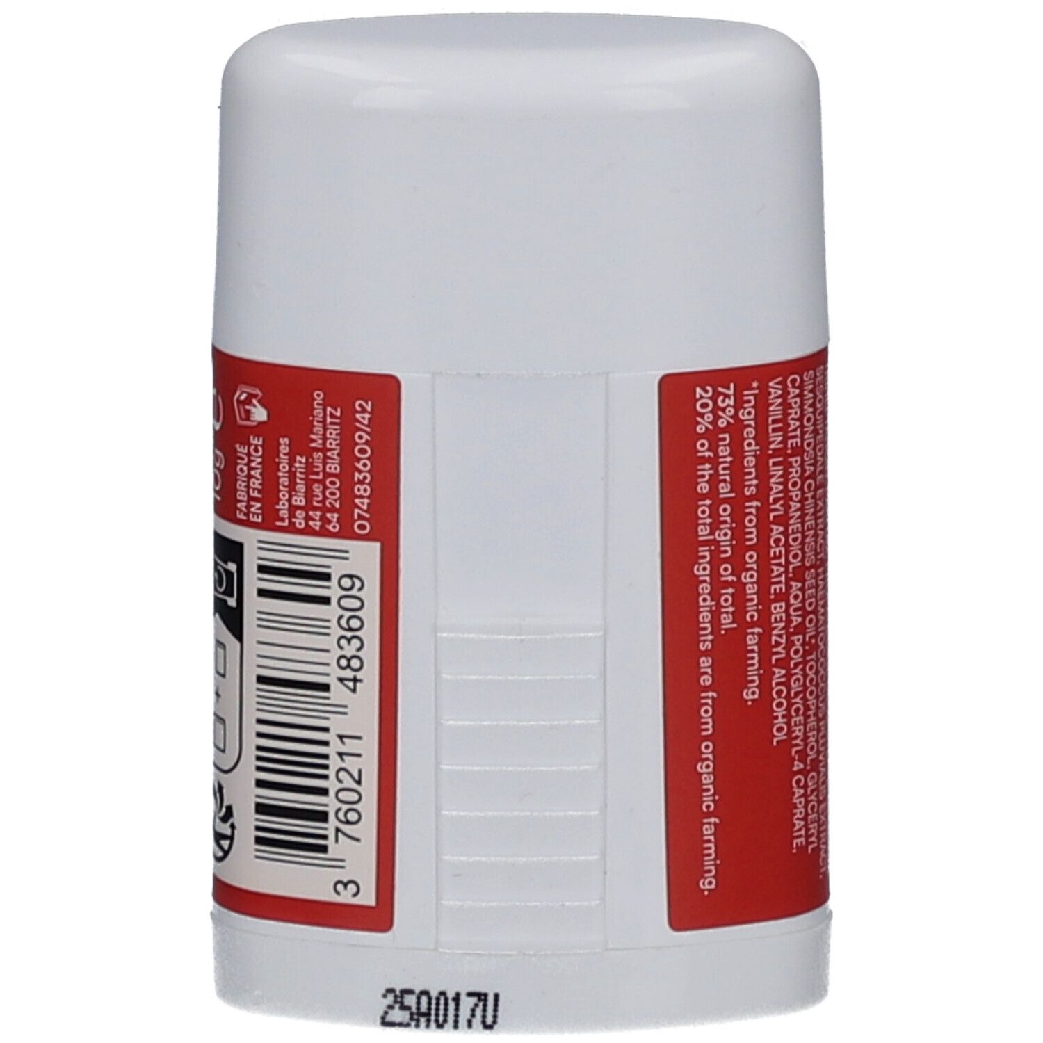 Weißer Stick, Rückseite mit roter Banderole. Aufschrift: Inhaltsstoffe, Herkunft, Barcode. Made in France.