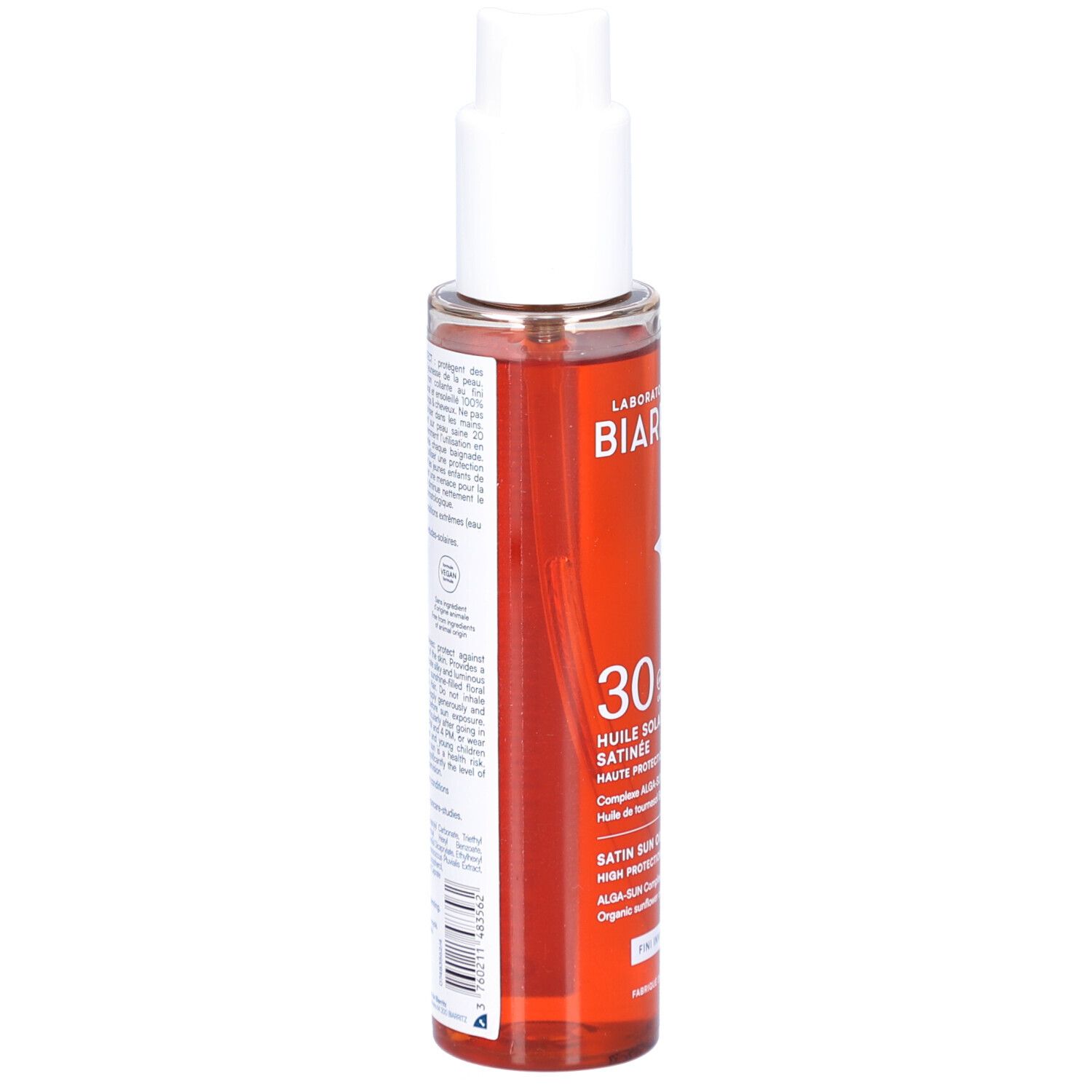 Sonnenschutzöl von Laboratoires de Biarritz. Transparente Flasche mit weißem Pumpkopf. Rückseite mit Text. Rote Flüssigkeit sichtbar.
