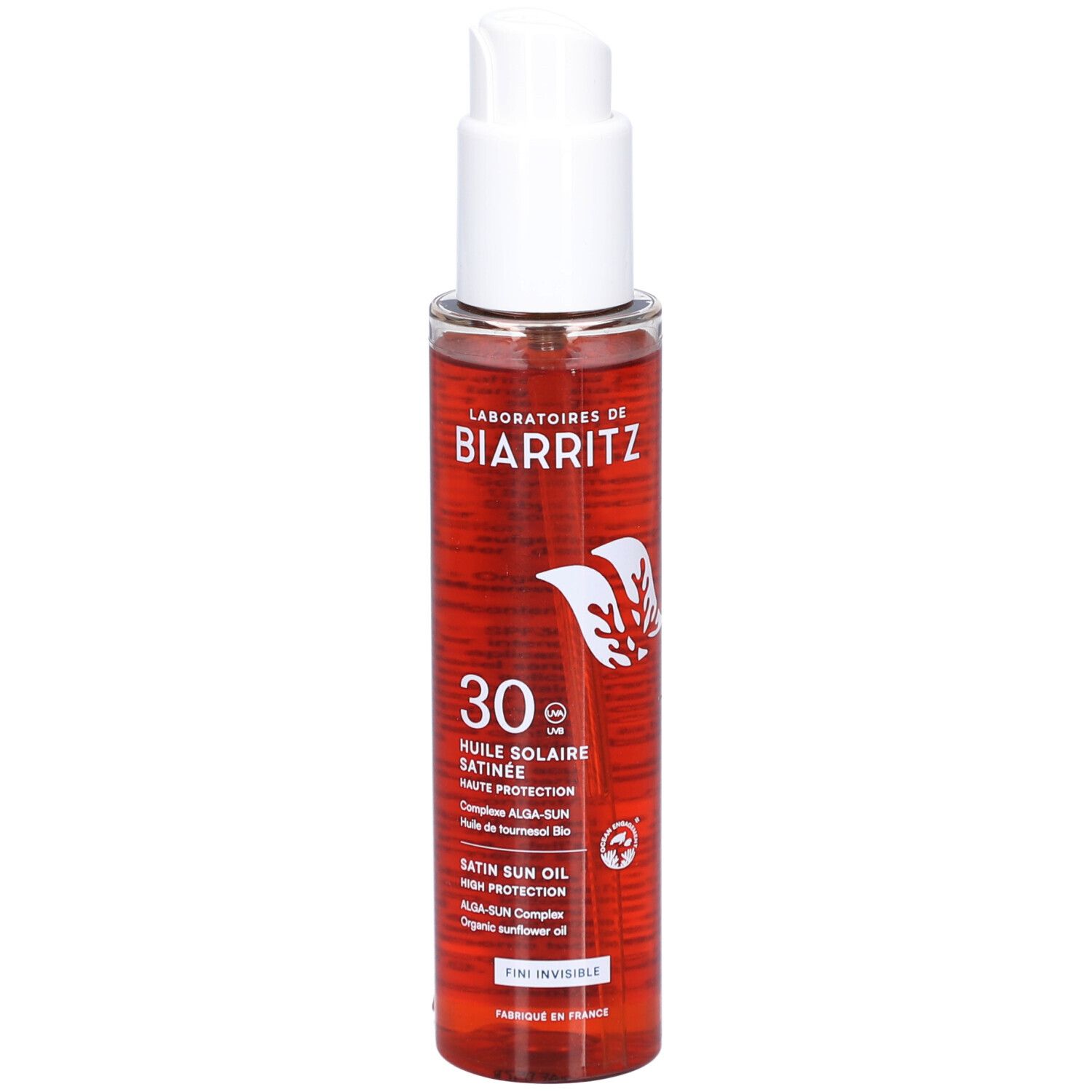 Sonnenschutzöl von Laboratoires de Biarritz. Transparente Flasche mit weißem Pumpkopf. Rote Flüssigkeit sichtbar. Text und Logo.