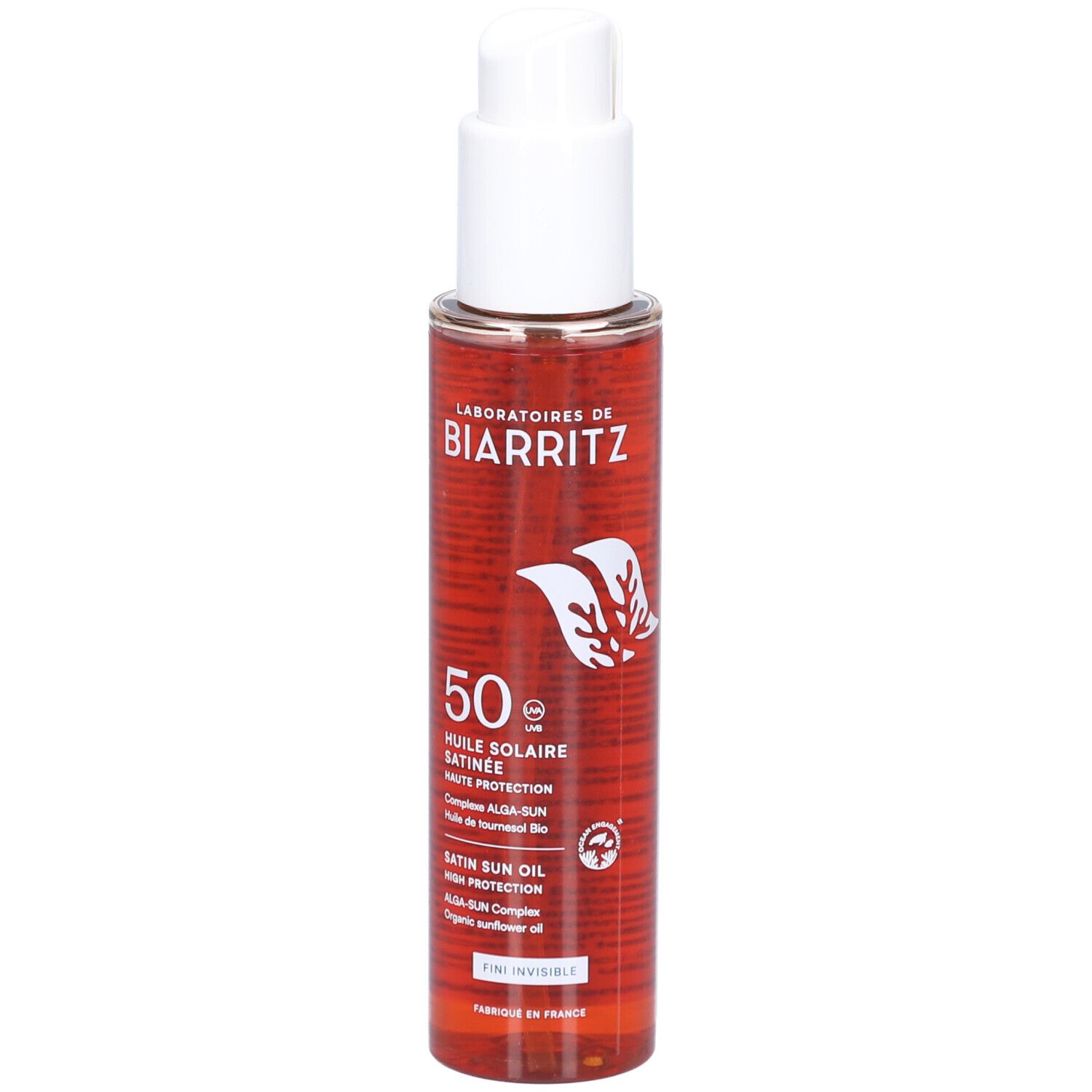 Sonnenschutzöl mit weißem Pumpkopf. Aufschrift: Laboratoires de Biarritz, 50 SPF, Huile Solaire Satinée. Flasche aus Glas.