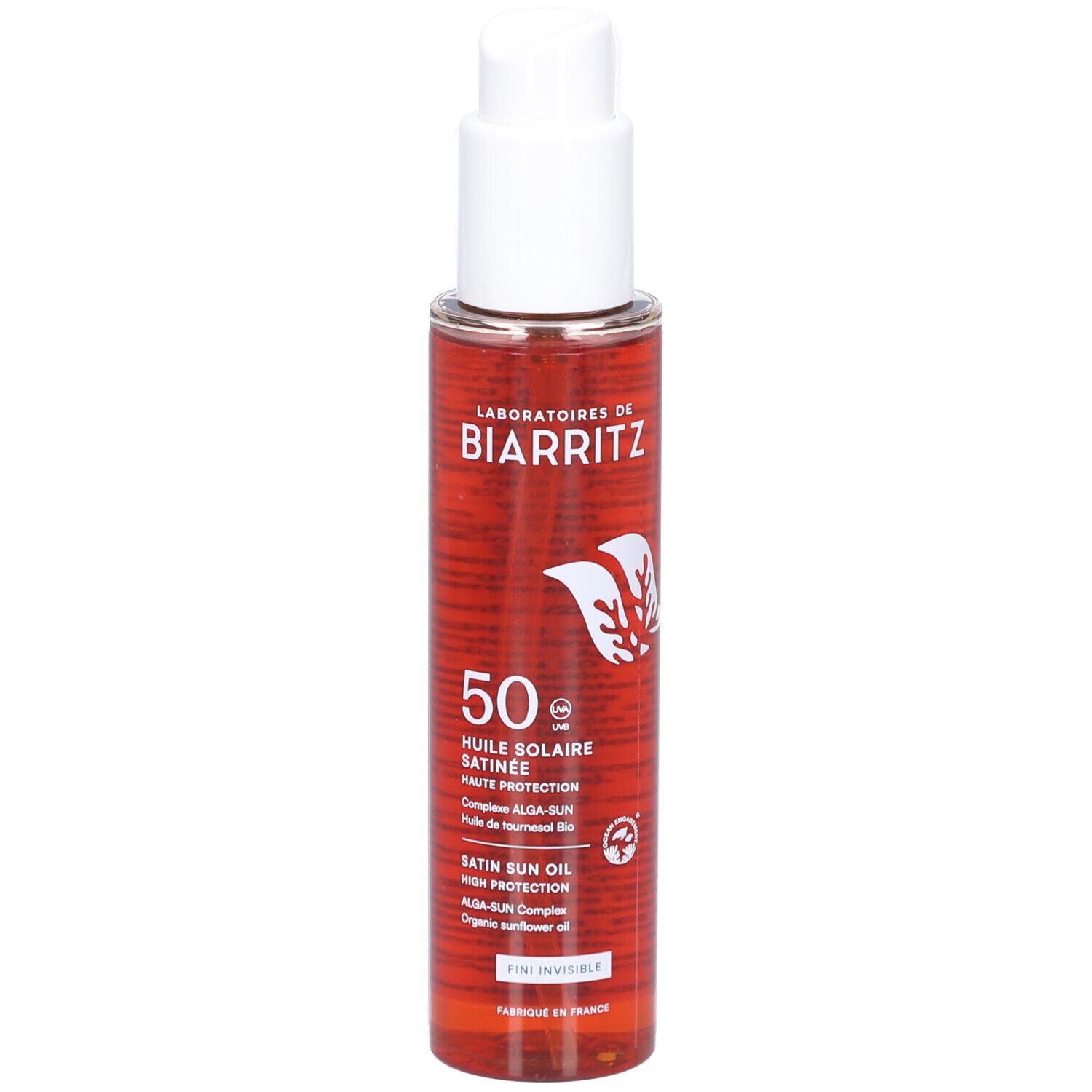 Sonnenschutzöl-Flasche mit weißem Pumpkopf. Aufschrift: Laboratoires de Biarritz, 50 SPF, Huile Solaire Satinée. Flasche aus Glas.