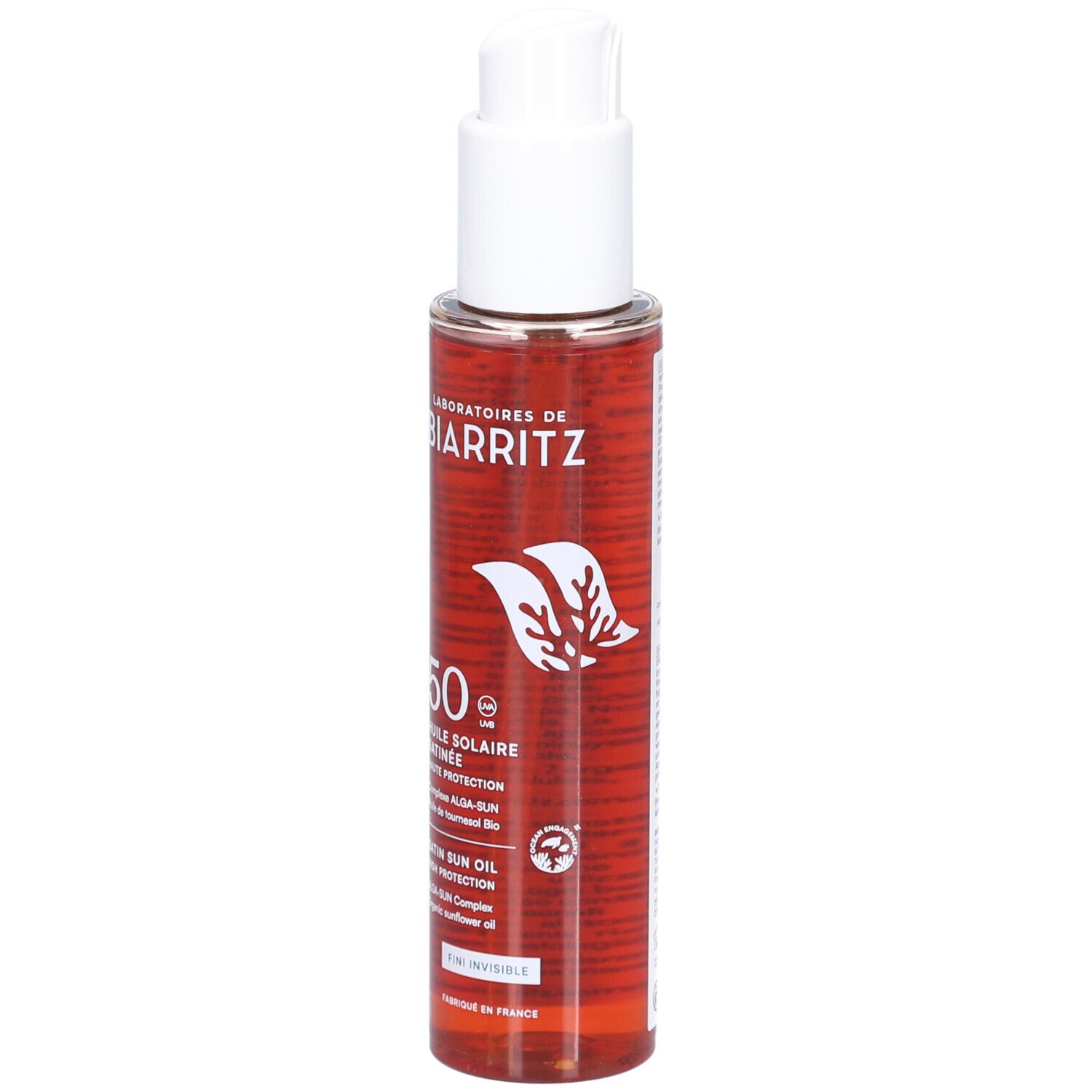 Sonnenschutzöl mit weißem Pumpkopf. Aufschrift: Laboratoires de Biarritz, 50, Huile Solaire Satinée. Bio-Zertifizierung.