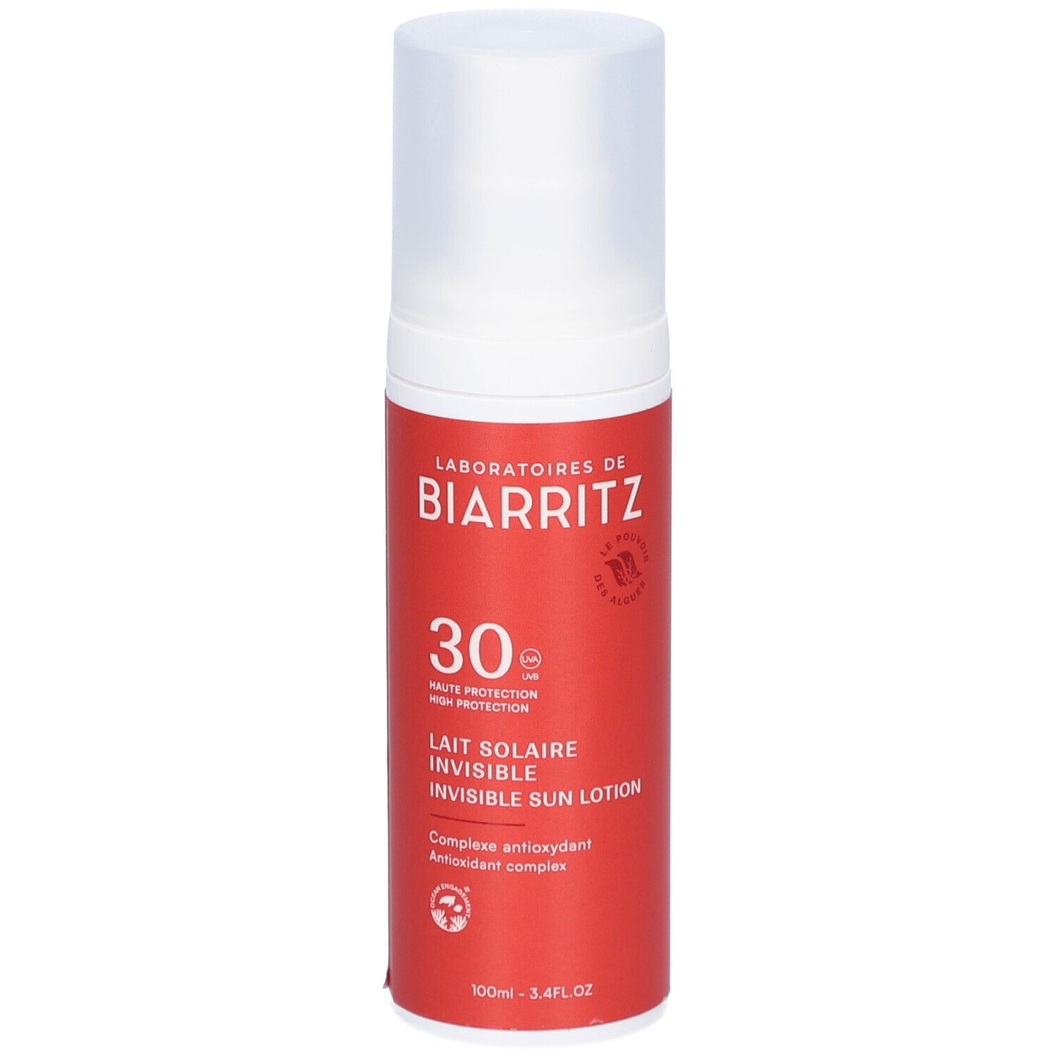 Rote Flasche mit weißem Deckel. Aufschrift: Laboratoires de Biarritz, 30 SPF, Lait Solaire Invisible, Antioxidant Complex.