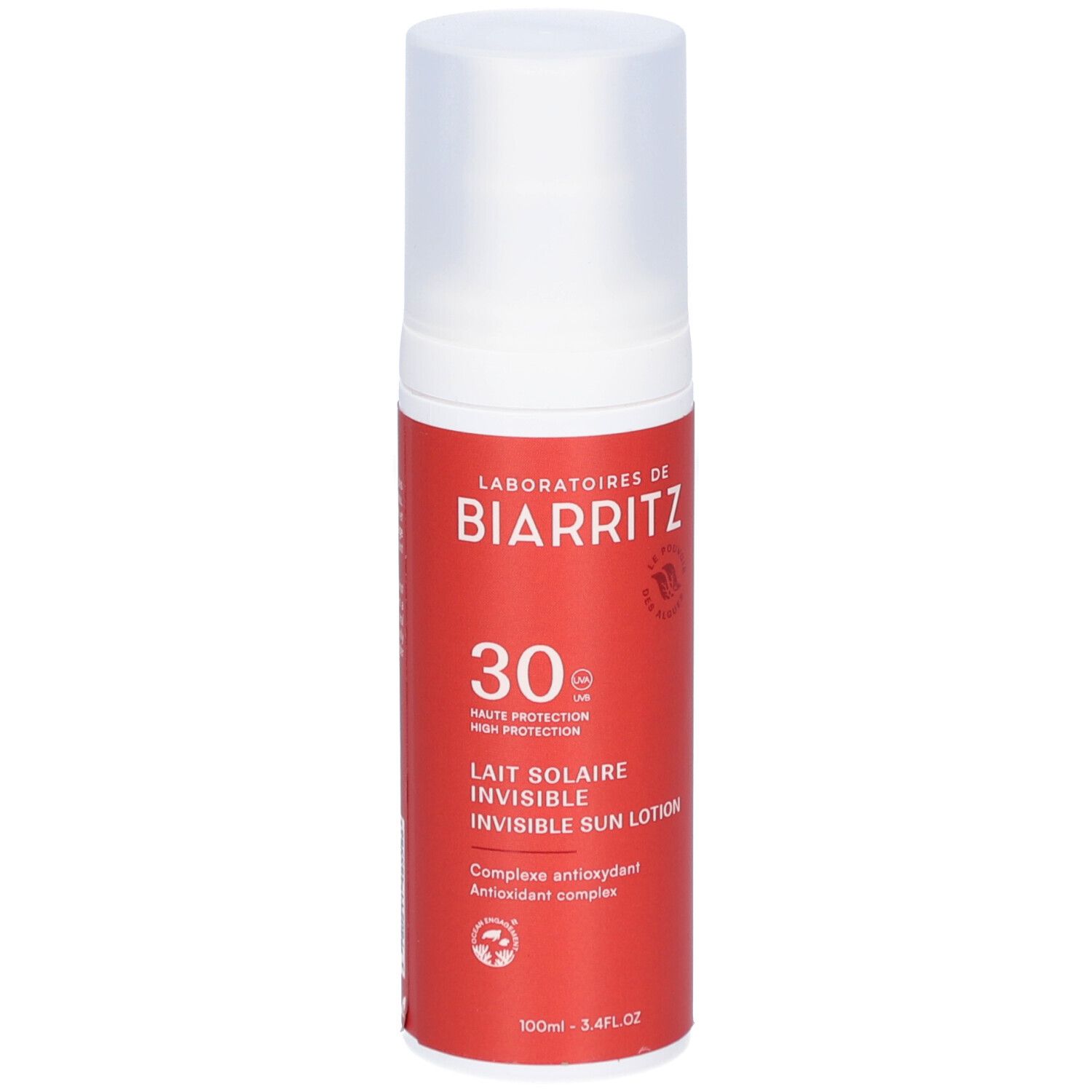 Rote Flasche mit weißem Deckel. Aufschrift: Laboratoires de Biarritz, 30 SPF, Lait Solaire Invisible, Antioxidant Complex.