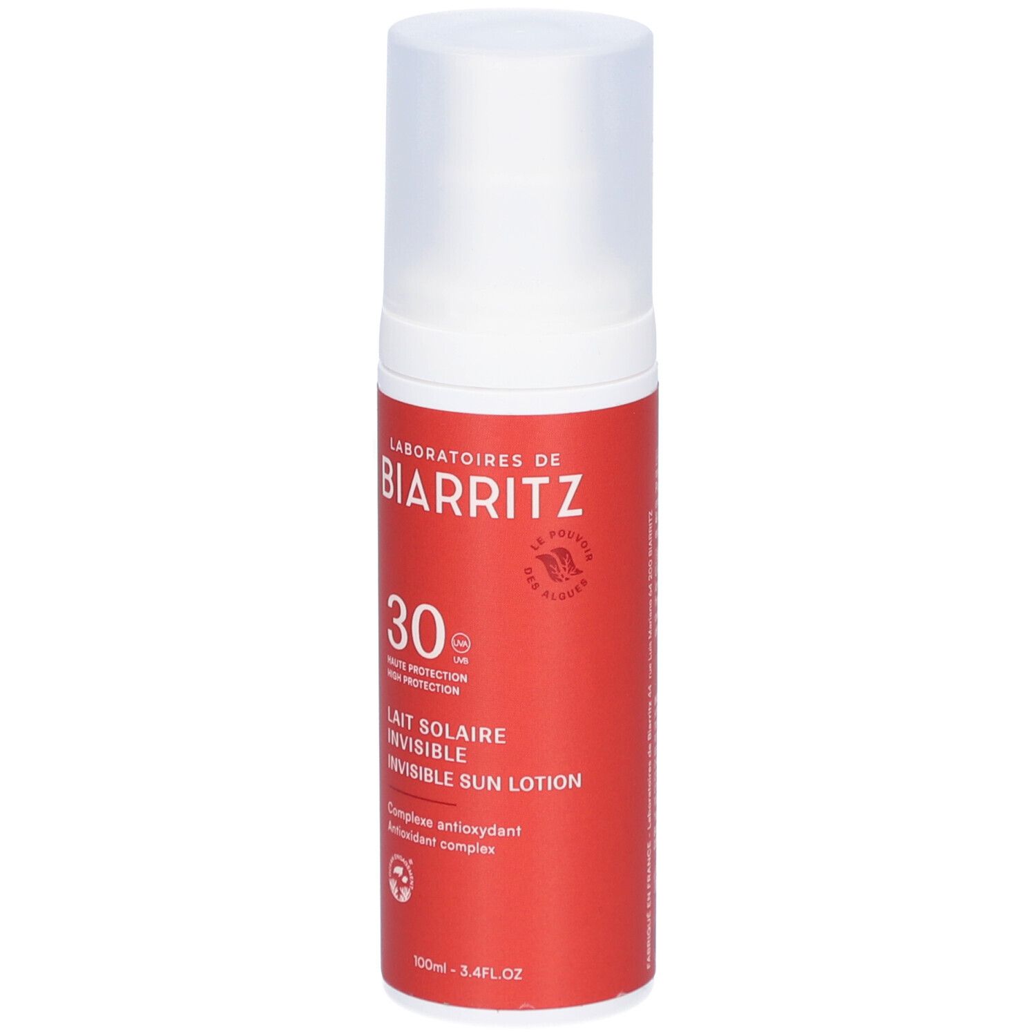 Rote Flasche mit weißem Deckel. Aufschrift: Laboratoires de Biarritz, 30 SPF, Lait Solaire Invisible, Antioxidant Complex.