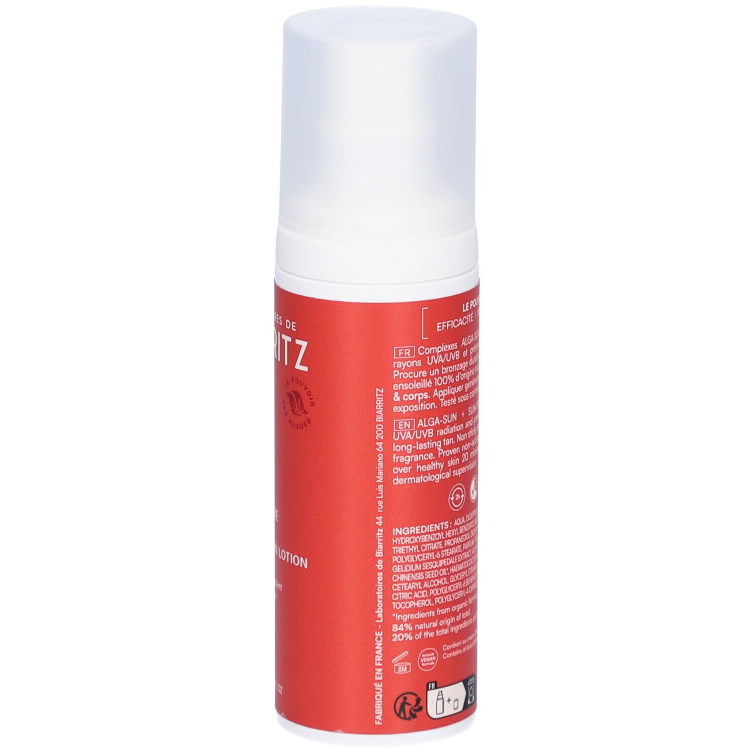 Rote Flasche mit weißem Deckel. Text auf Französisch. Enthält Informationen über Inhaltsstoffe und Anwendung.