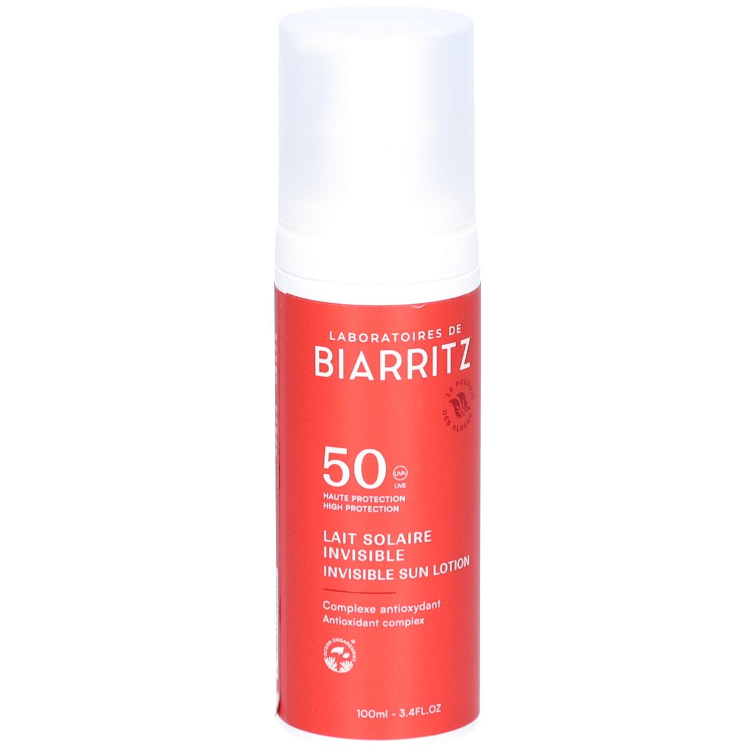 Rote Flasche mit weißem Deckel. Aufschrift: Laboratoires de Biarritz, 50 SPF, Lait Solaire Invisible. Antioxidantien-Komplex.