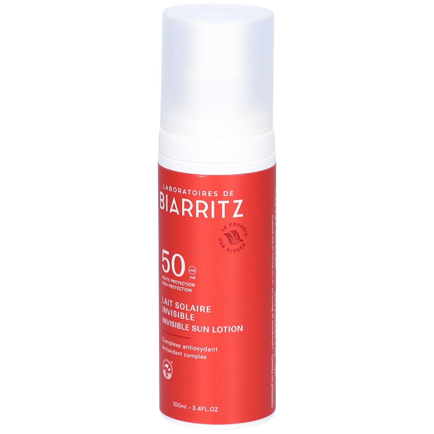 Rote Flasche mit weißem Deckel. Aufschrift: Laboratoires de Biarritz, 50 SPF, Lait Solaire Invisible. Antioxidantien-Komplex.