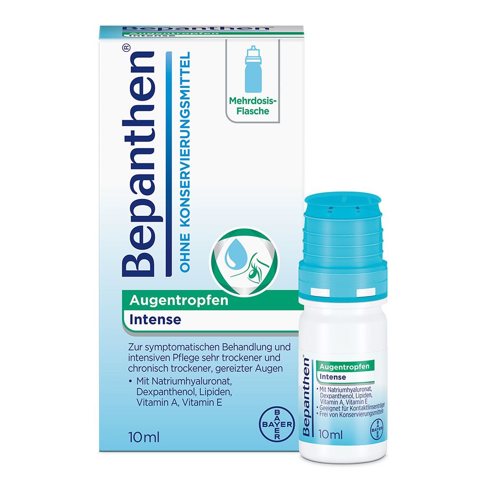 Augentropfen Intense und Verpackung. Flasche und Schachtel mit Produktnamen und Inhaltsangaben. Bayer-Logo.