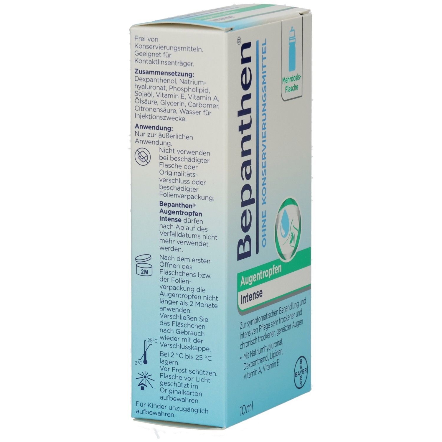 Bepanthen Augentropfen Intense-Verpackung. Seitenansicht mit Inhaltsangaben und Anwendungshinweisen. 10ml.