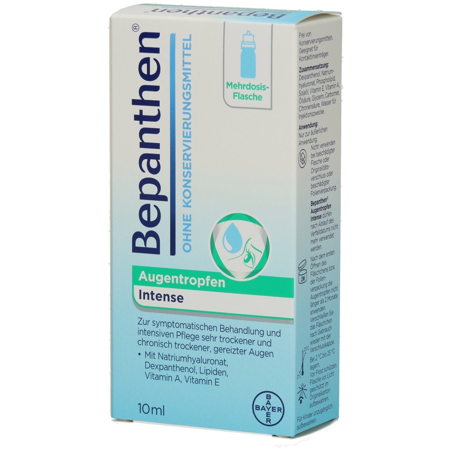 Bepanthen Augentropfen Intense-Verpackung. Blaue und weiße Schachtel mit Produktnamen und Inhaltsangaben. 10ml.
