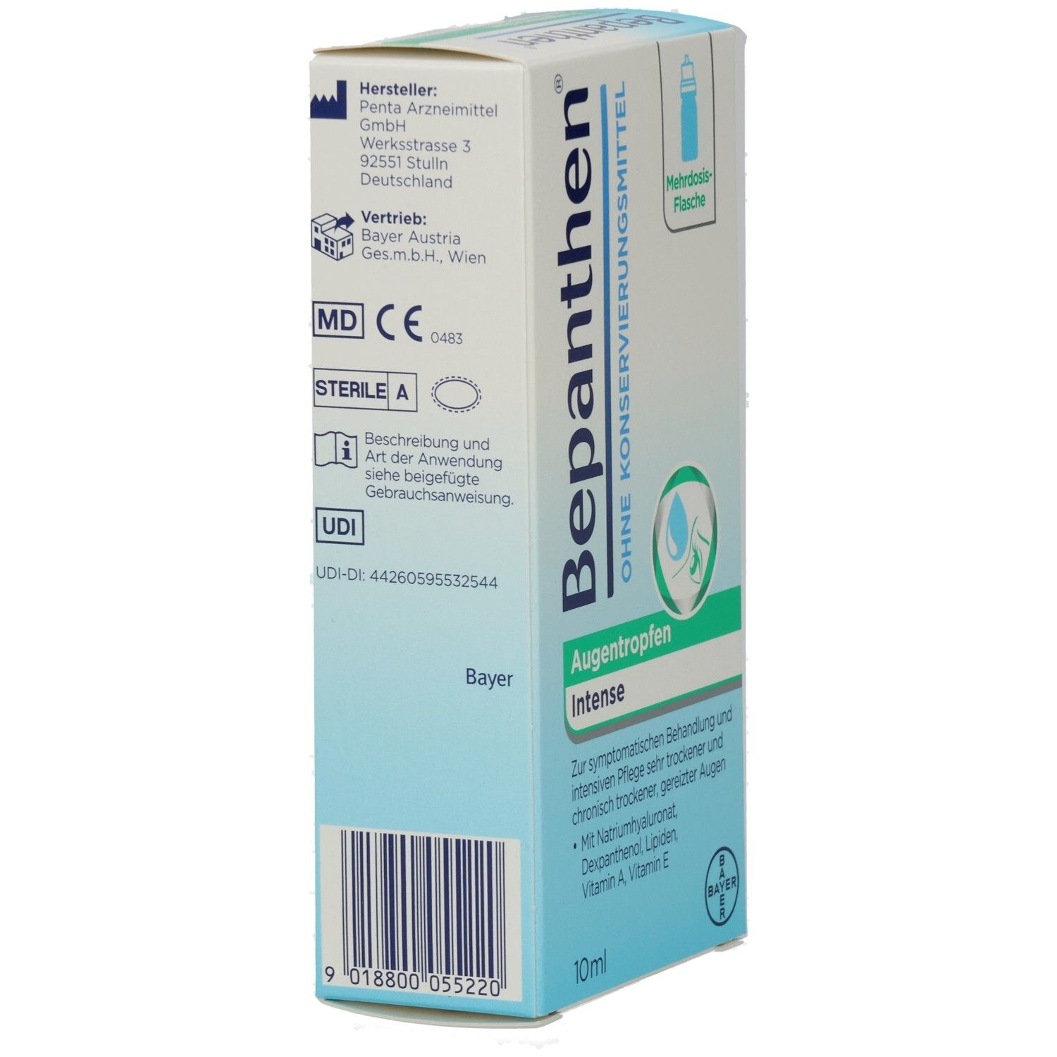 Bepanthen Augentropfen Intense-Verpackung. Rückseite mit Herstellerinformationen und Barcode. 10ml.