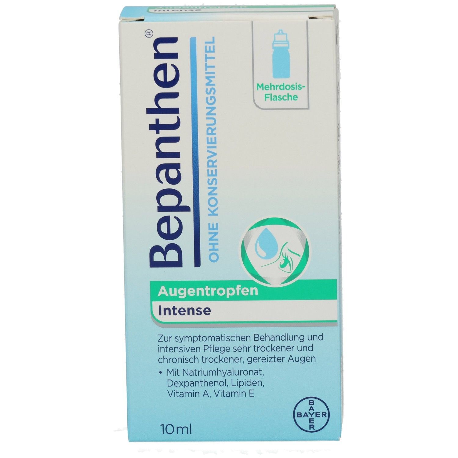 Bepanthen Augentropfen Intense-Verpackung. Blaue und weiße Schachtel mit Produktnamen und Inhaltsangaben. 10ml.