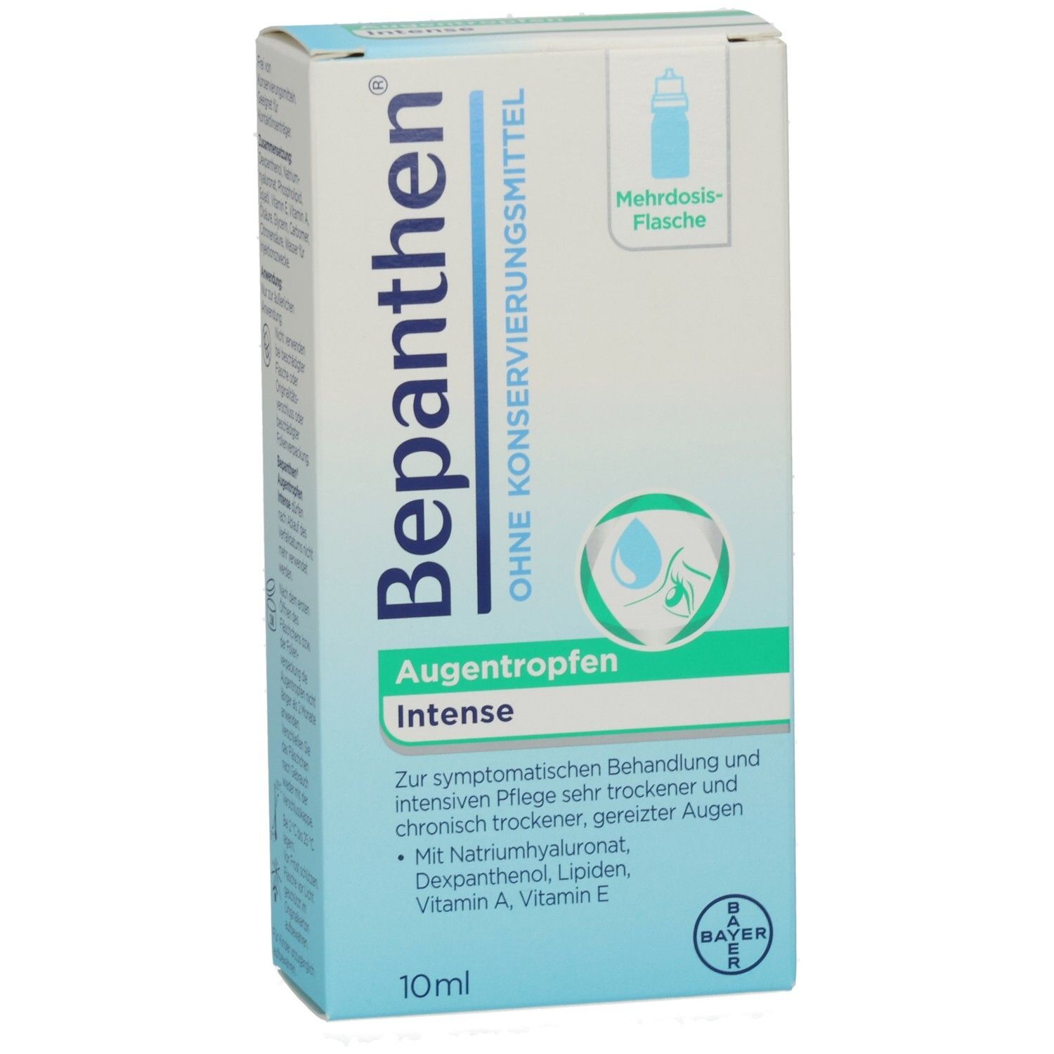 Bepanthen Augentropfen Intense-Verpackung. Blaue und weiße Schachtel mit Produktnamen und Inhaltsangaben. 10ml.
