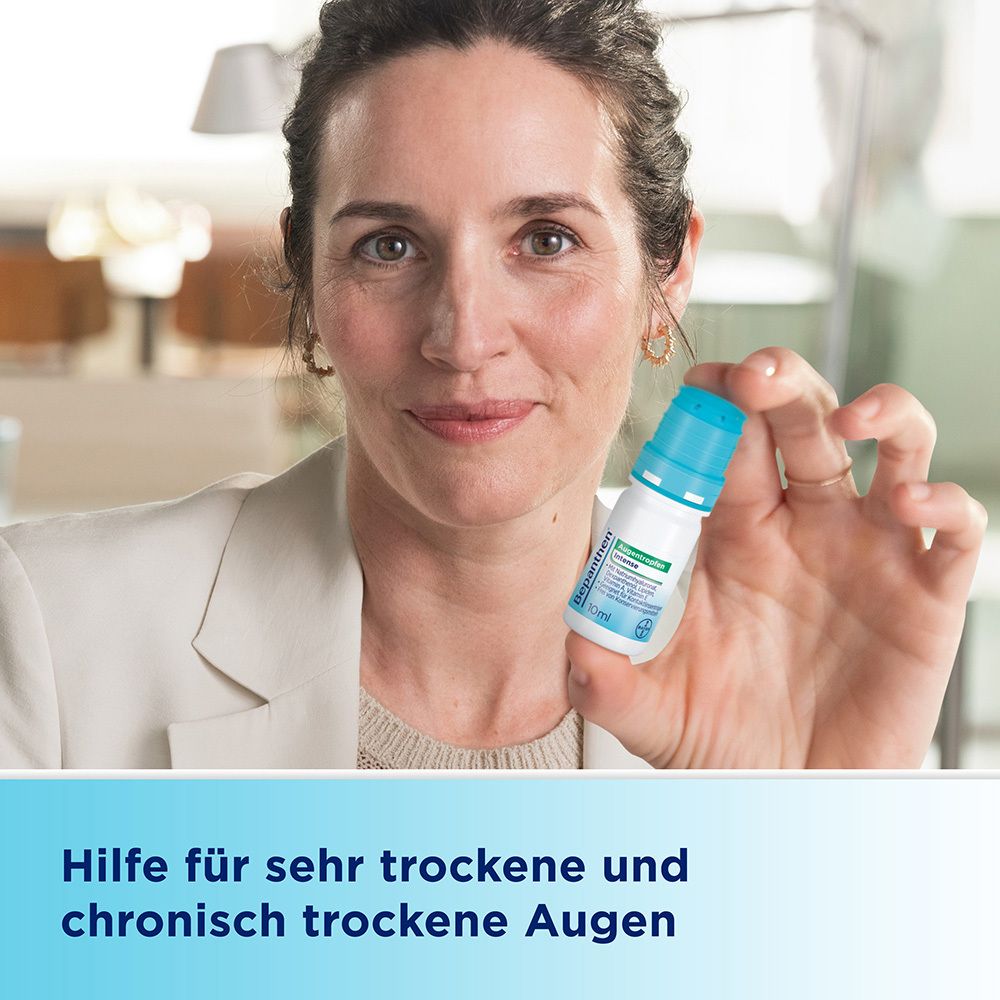 Frau hält Augentropfen Intense. Text: Hilfe für sehr trockene und chronisch trockene Augen.