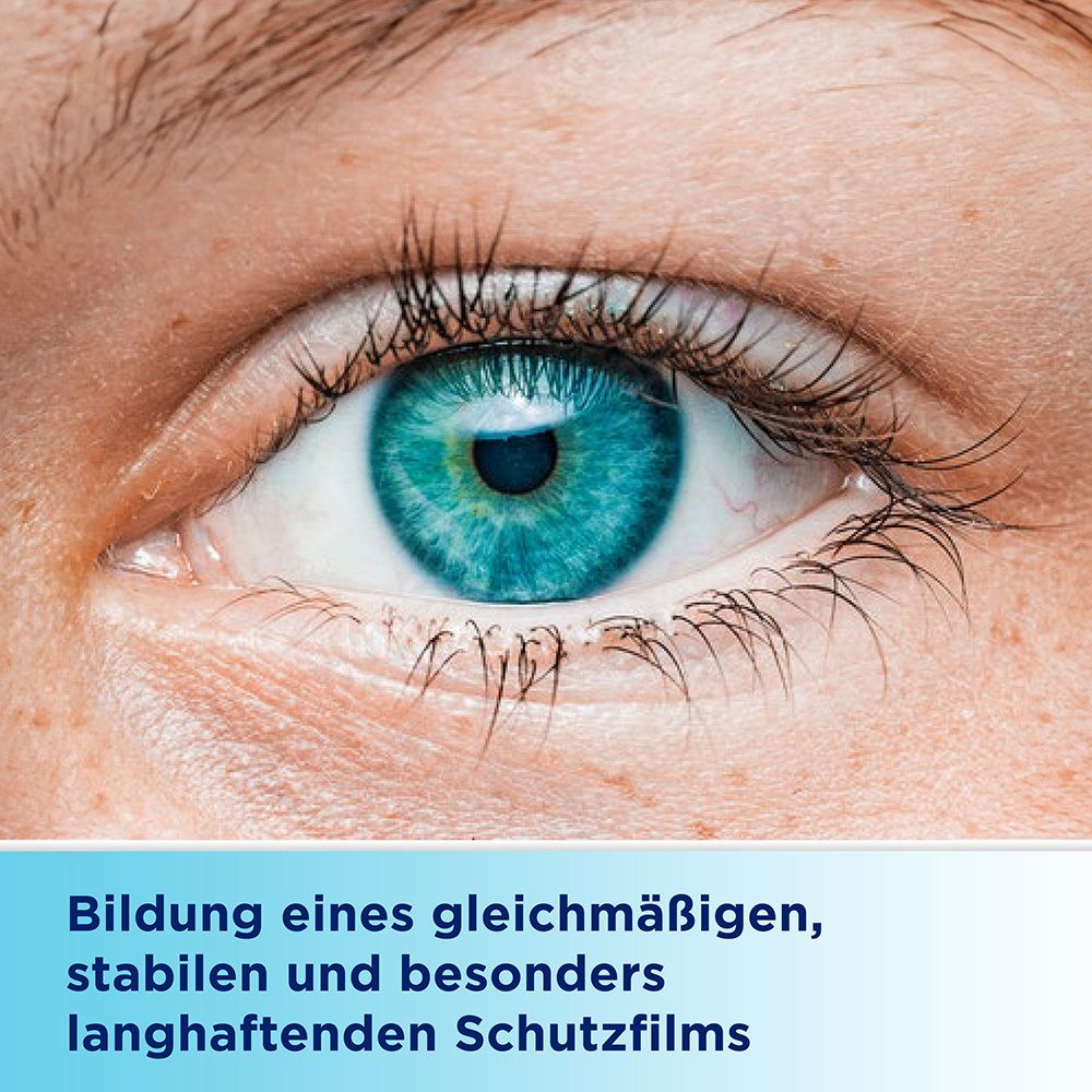 Auge mit blau-grüner Iris. Text: Bildung eines gleichmäßigen, stabilen und besonders langhaftenden Schutzfilms.