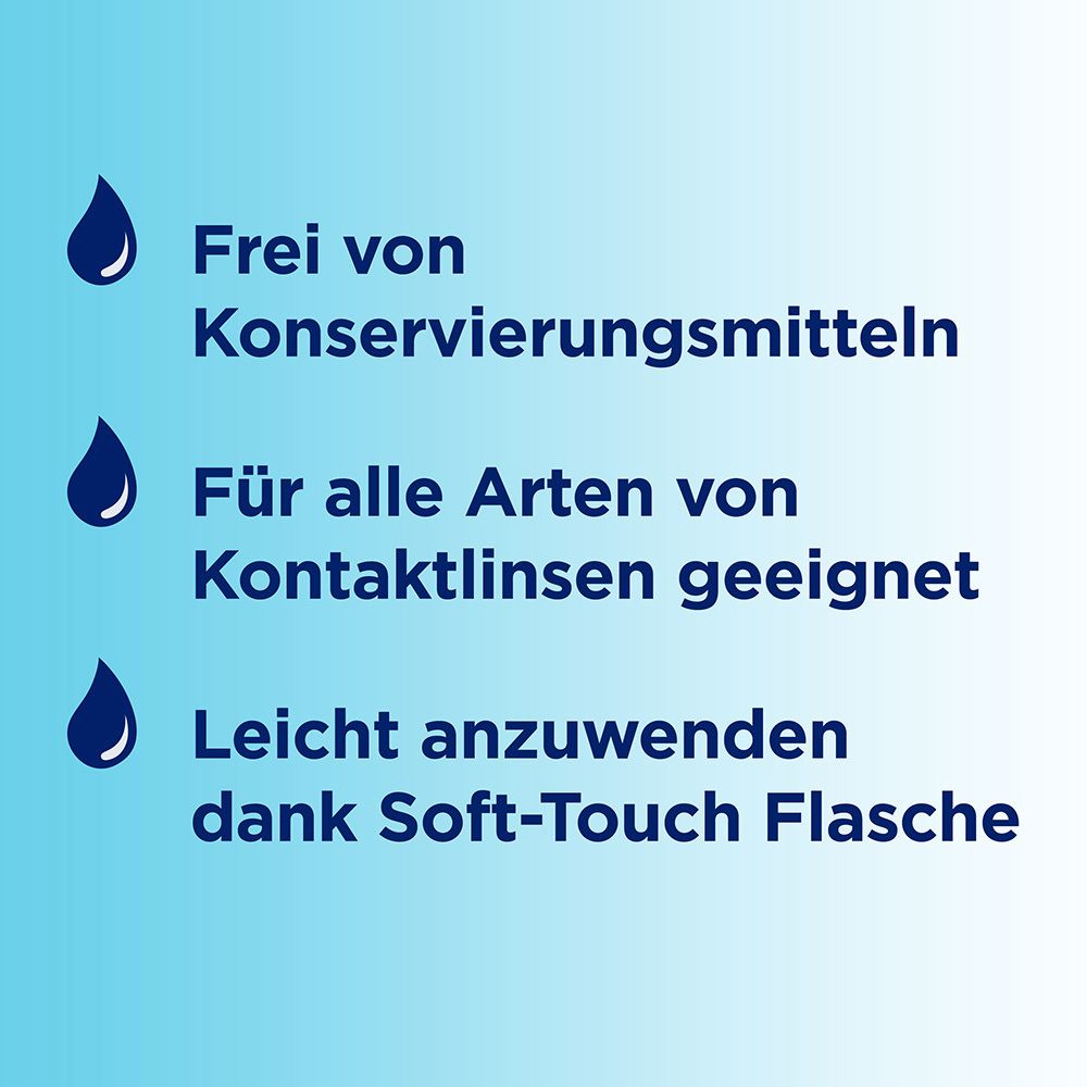 Drei Tropfen-Symbole. Text: Frei von Konservierungsmitteln. Für alle Arten von Kontaktlinsen geeignet. Soft-Touch Flasche.