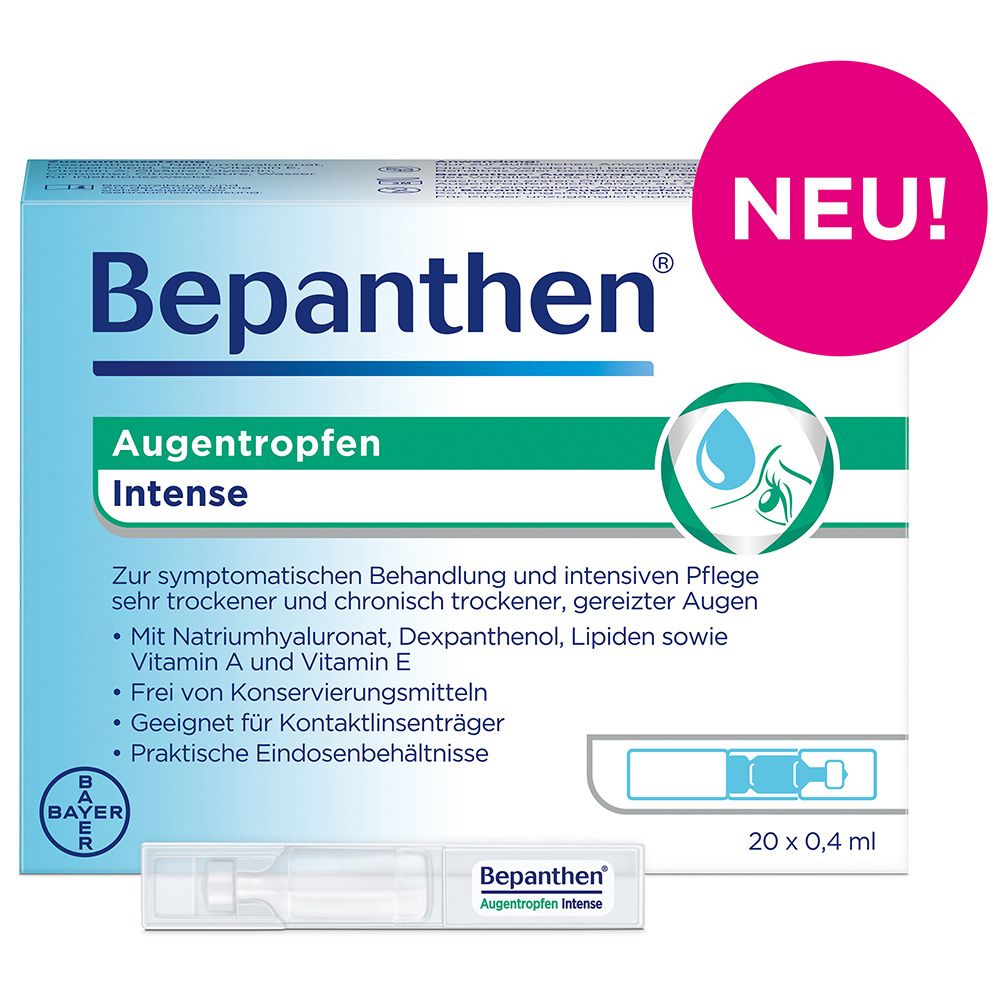 Verpackung Bepanthen Augentropfen Intense. 20 Einzeldosen. Aufdruck: "NEU!". Bayer-Logo.