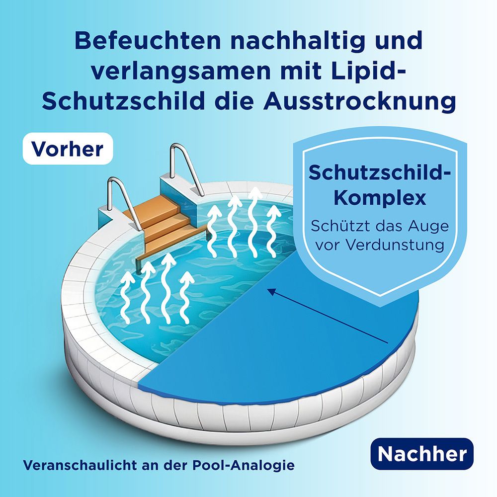 Pool-Analogie. Vorher: Wasser verdunstet. Nachher: Schutzschild-Komplex schützt. Text: Befeuchten und verlangsamen.