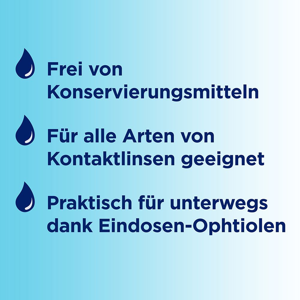 Grafik: 3 Vorteile. Frei von Konservierungsmitteln, für Kontaktlinsen geeignet, praktisch für unterwegs.