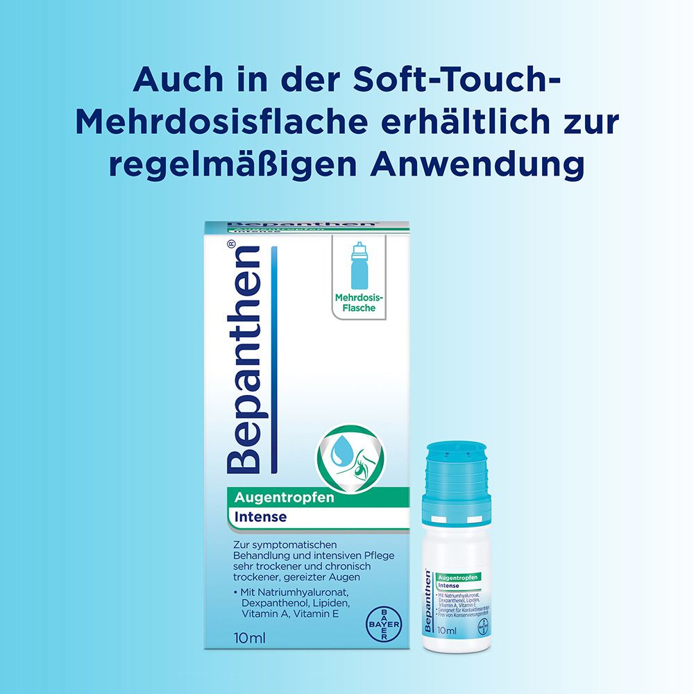 Verpackung Bepanthen Augentropfen Intense und Mehrdosisflasche. Text: Auch in der Soft-Touch-Mehrdosisflasche.
