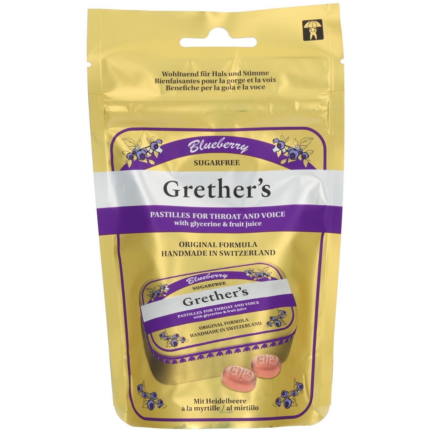 Goldene Pouch mit Grether's Pastillen für Hals und Stimme, zuckerfrei, Blaubeergeschmack. Enthält eine Metalldose.