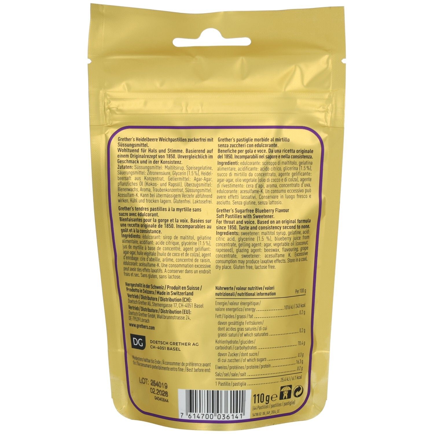 Rückseite einer goldenen Pouch mit Grether's Pastillen. Enthält Zutatenliste und Nährwertangaben.