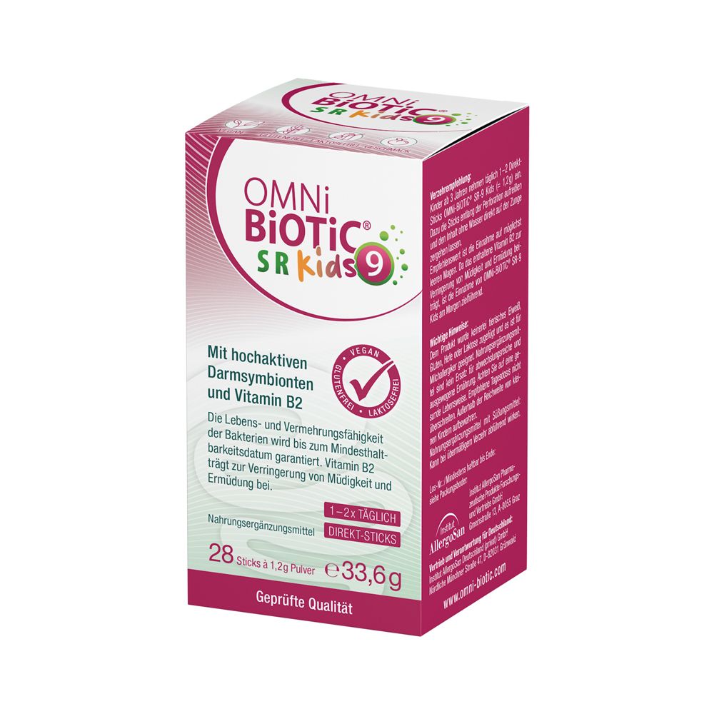 OMNi-BiOTiC® SR-9 Kids Karton, Rückseite mit Anwendungshinweisen und Inhaltsstoffen. 28 Sticks.