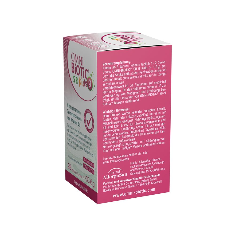 OMNi-BiOTiC® SR-9 Kids Karton, Seitenansicht mit Anwendung und Hinweisen. 28 Sticks.