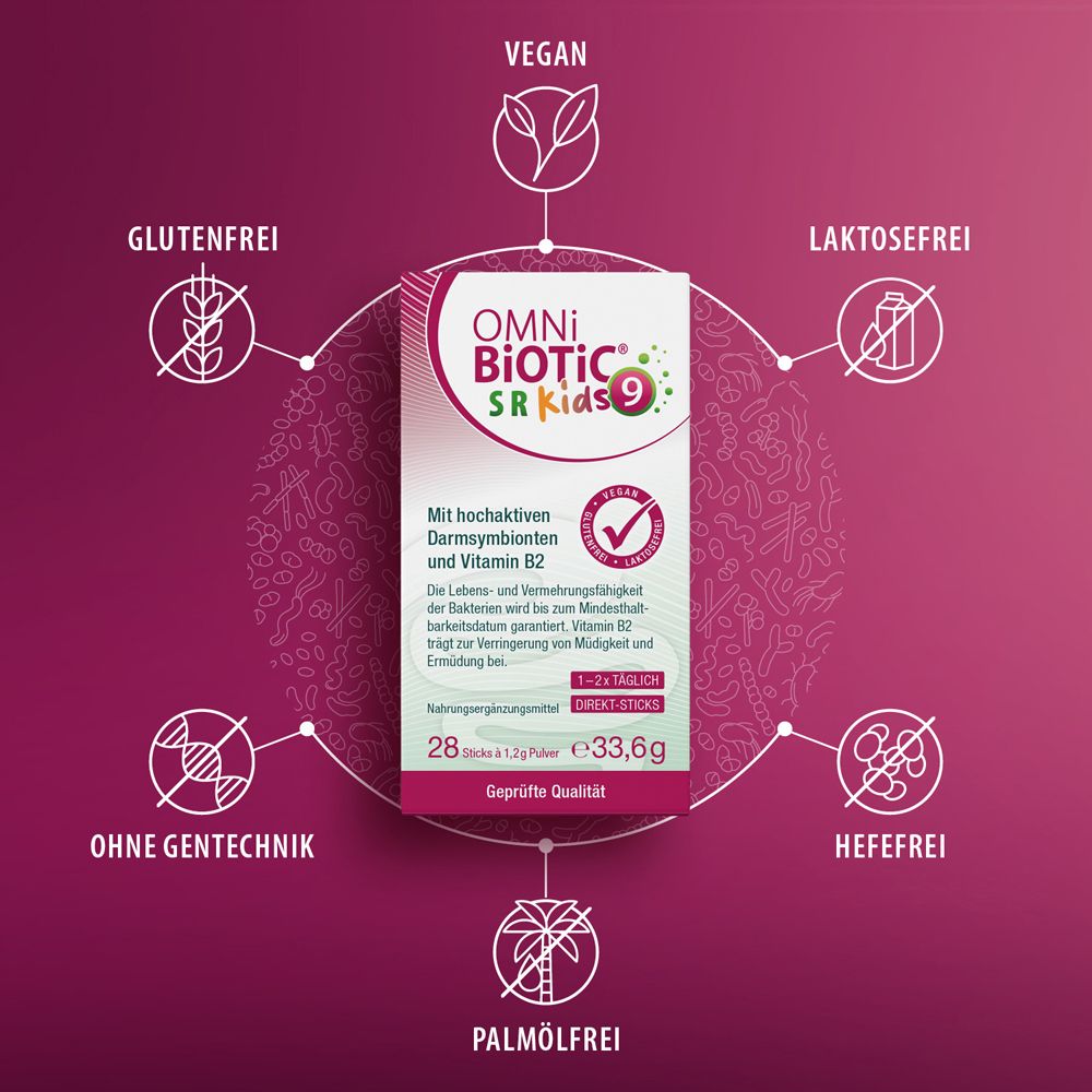 OMNi-BiOTiC® SR-9 Kids Karton umgeben von Icons: Vegan, Glutenfrei, Laktosefrei, Ohne Gentechnik, Hefefrei, Palmfrei.