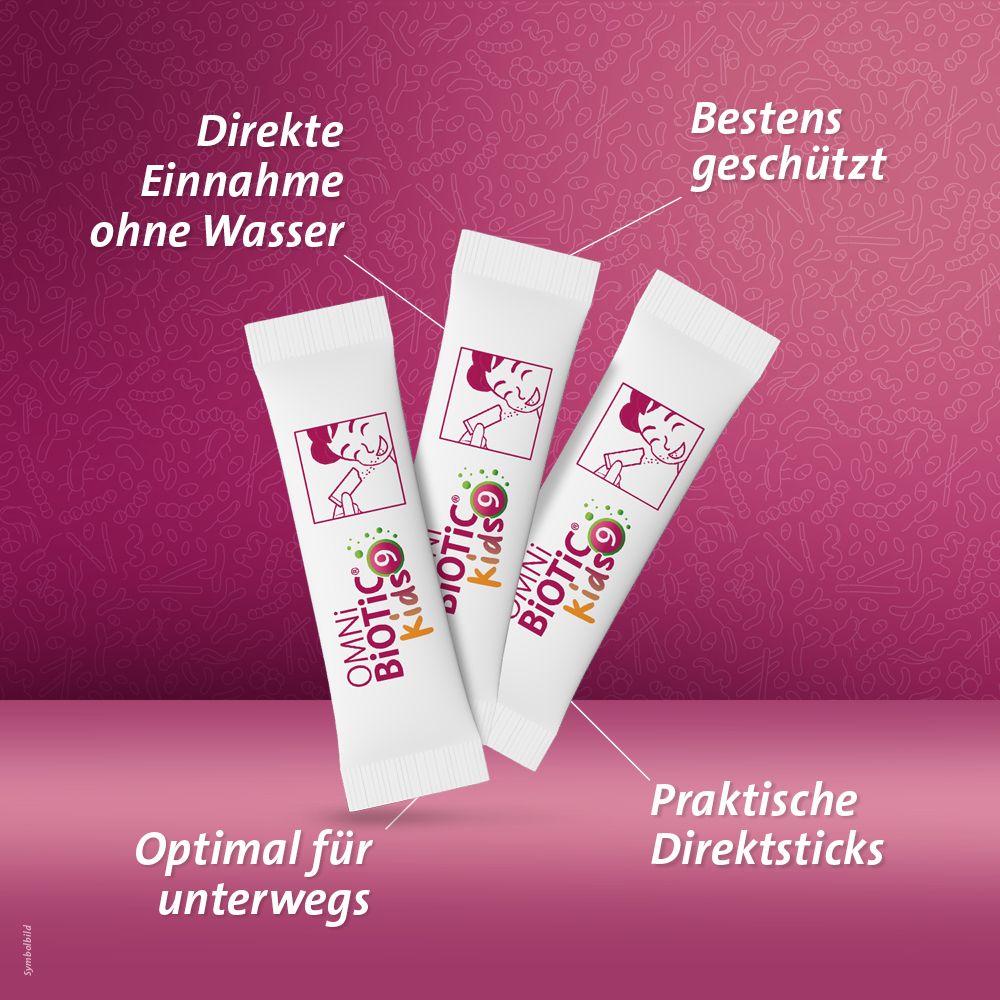 Drei einzelne OMNi-BiOTiC® SR-9 Kids Sticks. Beschriftung: Direkte Einnahme ohne Wasser, Praktische Direktsticks.