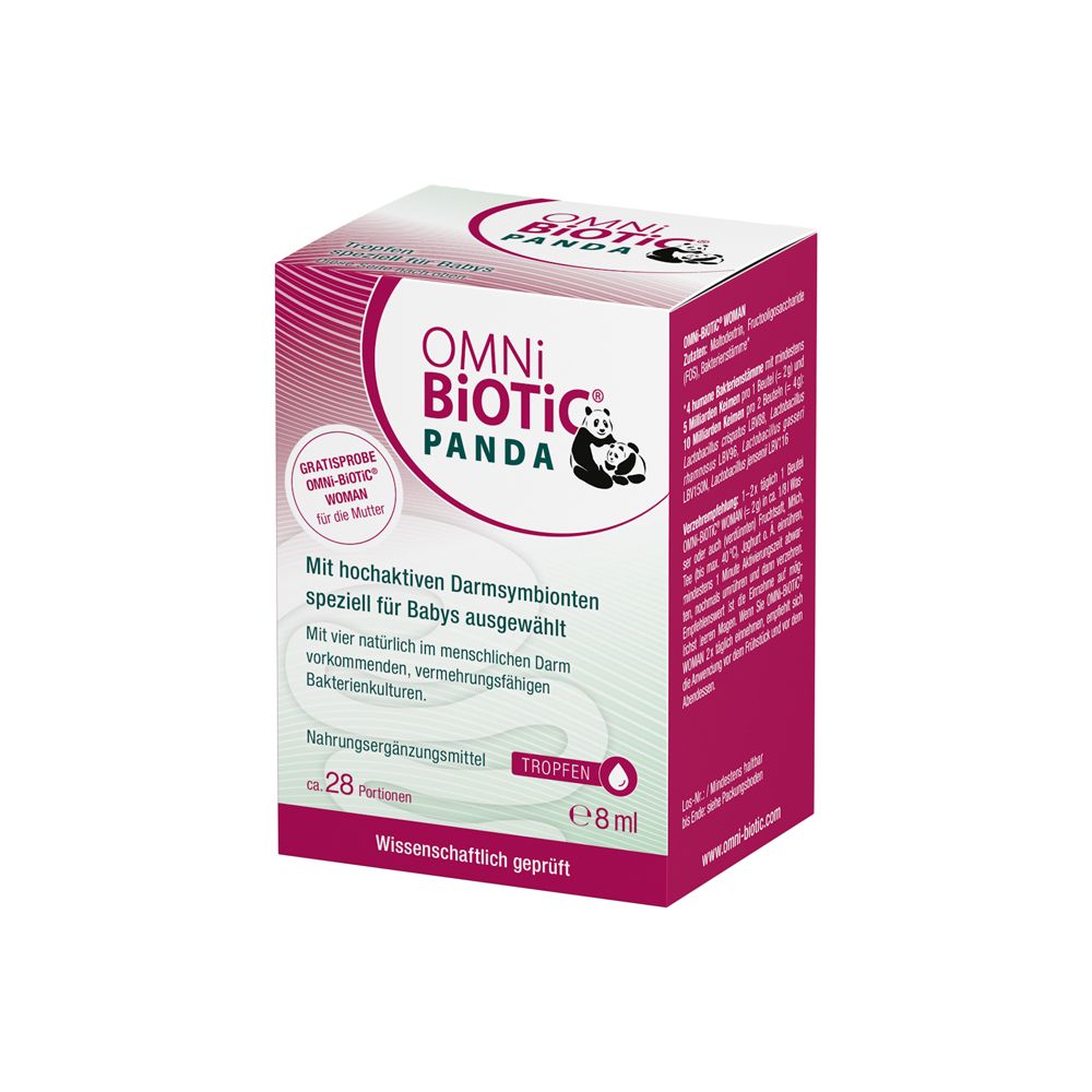 OMNi-BiOTiC® PANDA Tropfen Verpackung, 8ml, ca. 28 Portionen. Enthält Darmbionten speziell für Babys.