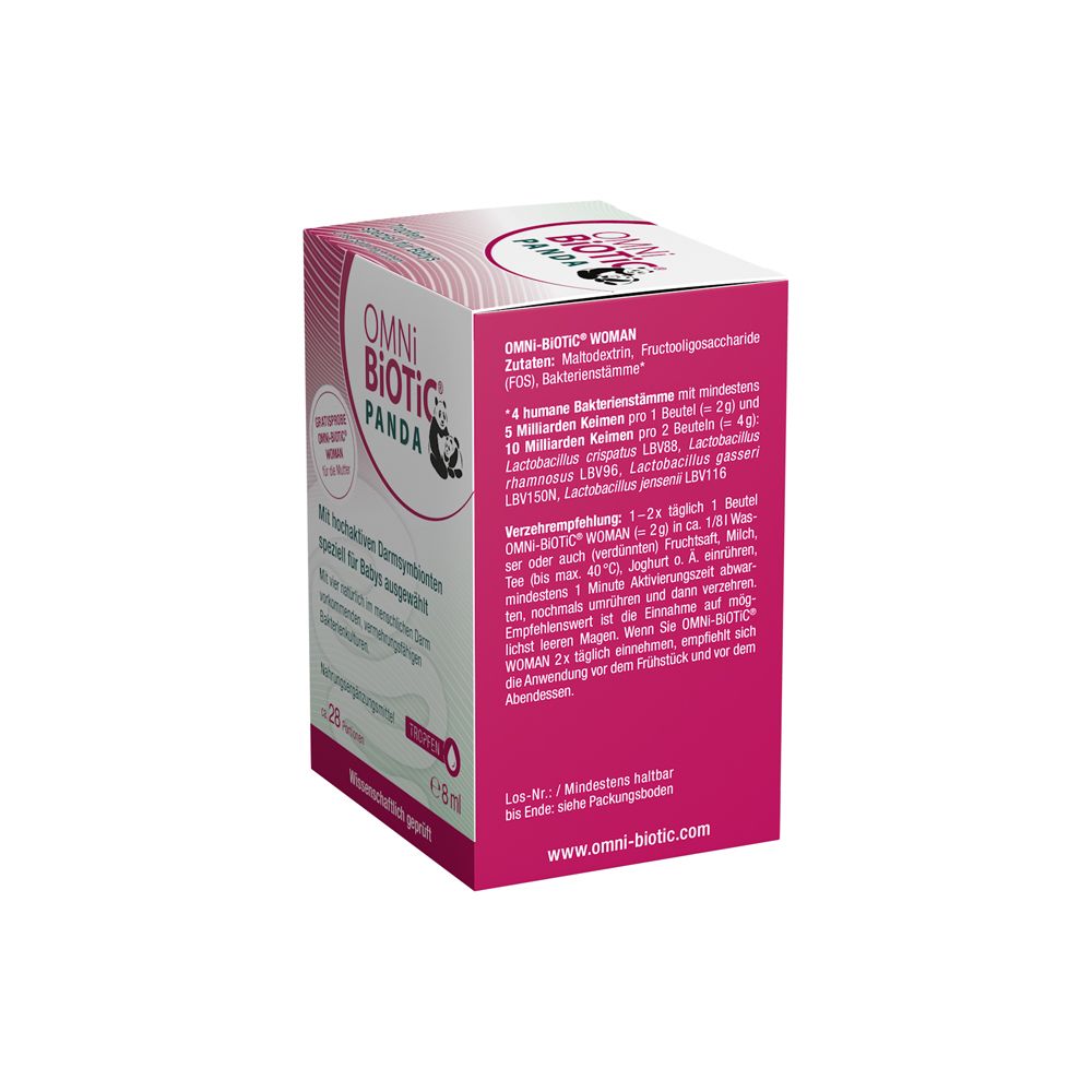 OMNi-BiOTiC® PANDA Tropfen Verpackung mit detaillierten Anwendungshinweisen und Inhaltsstoffen.