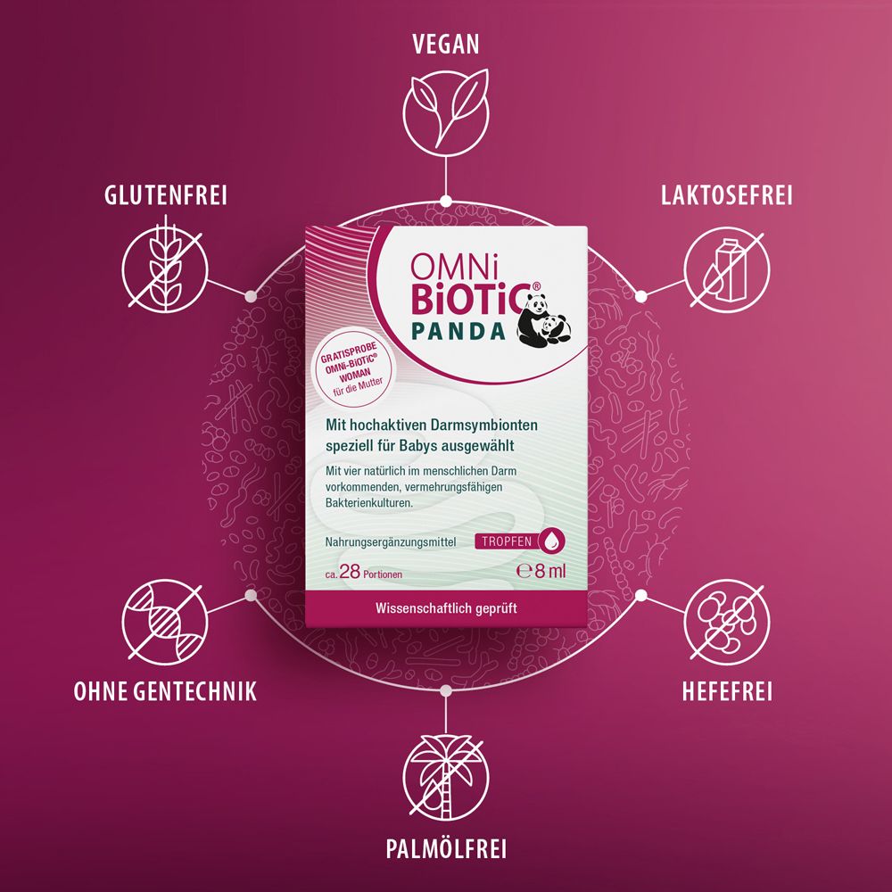 OMNi-BiOTiC® PANDA Tropfen Verpackung umgeben von Symbolen: Vegan, Glutenfrei, Laktosefrei, Ohne Gentechnik, Ohne Palmöl.