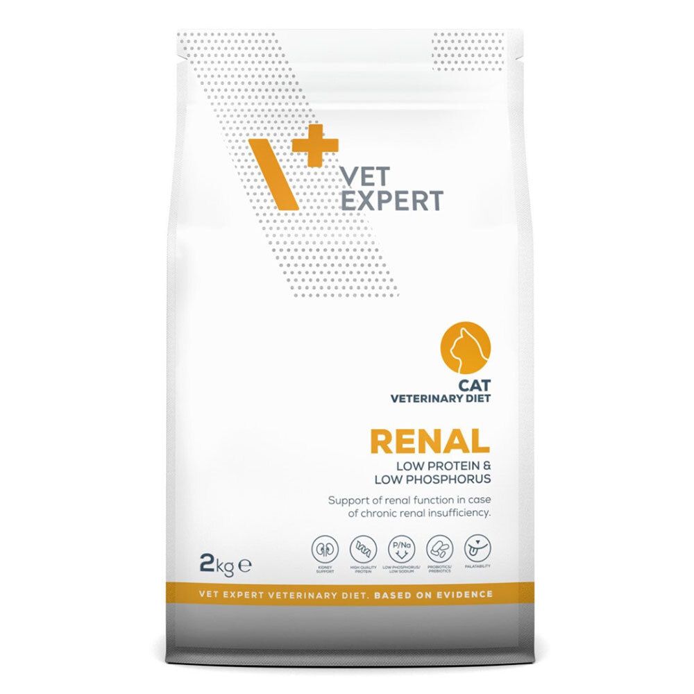 Weiße Verpackung mit VET EXPERT Logo und Produktbezeichnung: RENAL, Low Protein & Low Phosphorus. 2kg Packung.