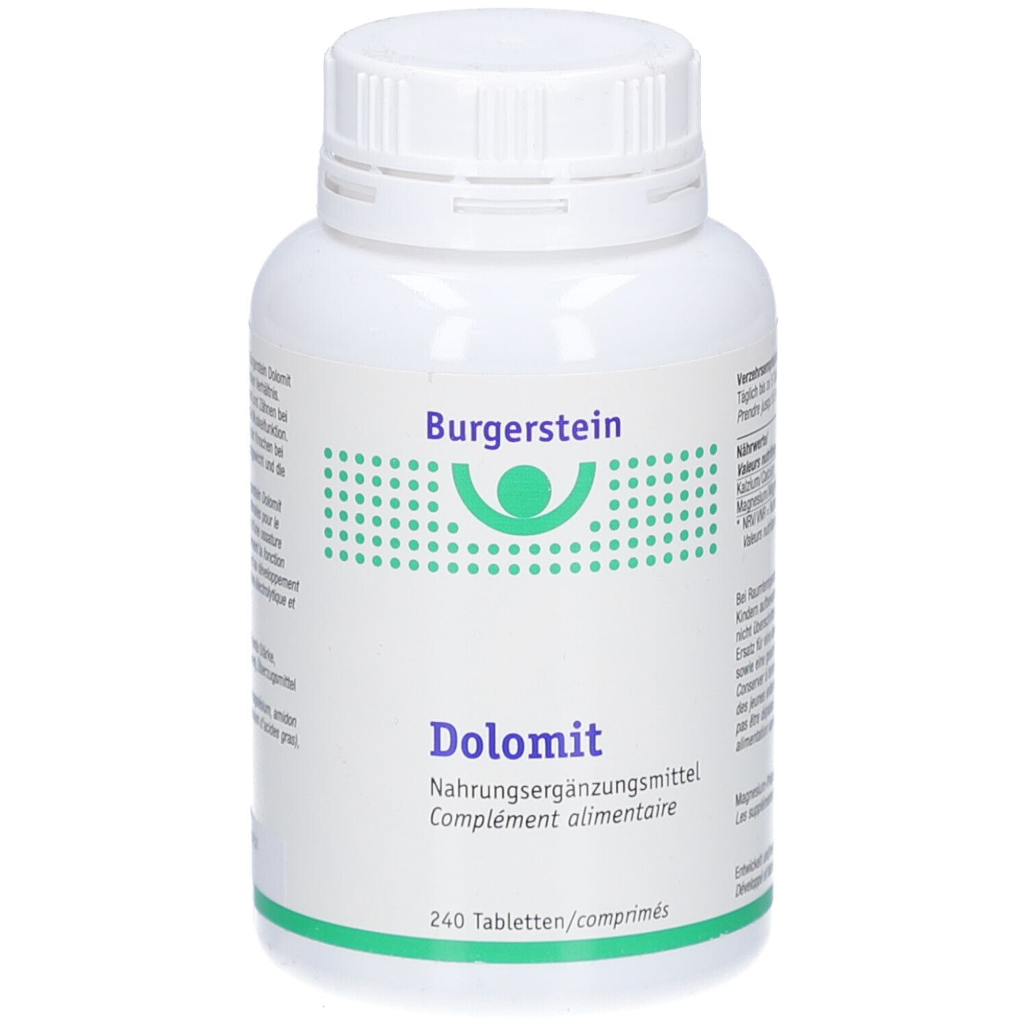 Weiße Flasche mit Schraubverschluss. Aufschrift: Burgerstein Dolomit. 240 Tabletten. Nahrungsergänzungsmittel.