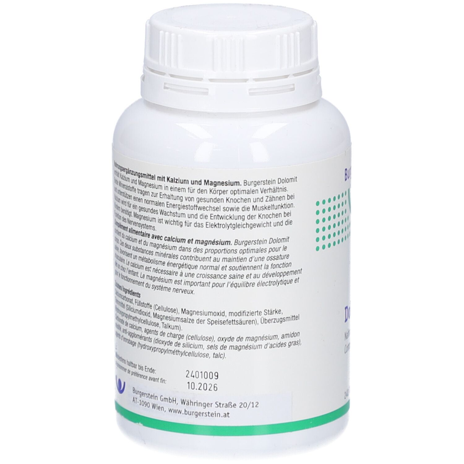 Rückseite der weißen Flasche. Text in Deutsch und Französisch. Zutatenliste. Haltbarkeitsdatum: 10.2026.