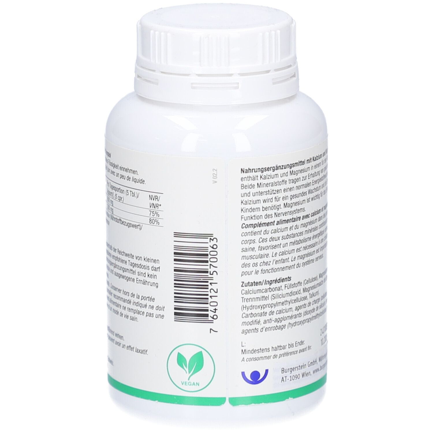 Rückseite der weißen Flasche. Text in Deutsch und Französisch. Vegan-Logo. Zutatenliste.