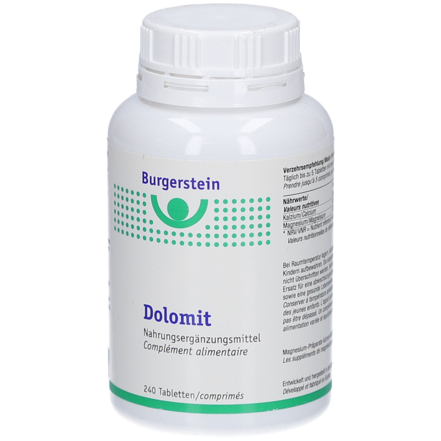 Weiße Flasche mit Schraubverschluss. Aufschrift: Burgerstein Dolomit. 240 Tabletten. Nahrungsergänzungsmittel.