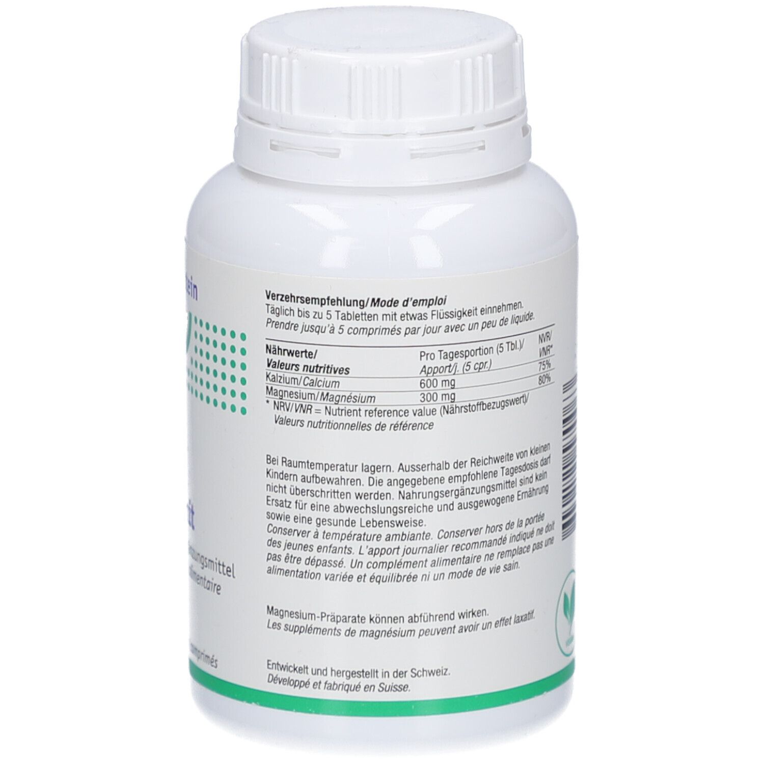 Rückseite der weißen Flasche. Text in Deutsch und Französisch. Nährwertangaben. Vegan-Logo.