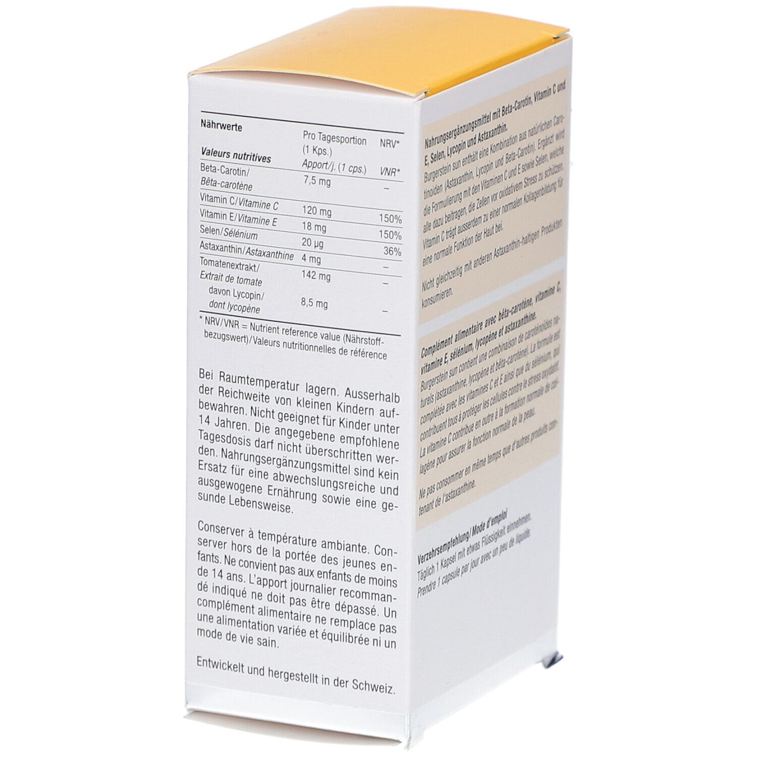 Burgerstein-Schachtel, Rückseite. Nährwertangaben pro Tagesdosis. Enthält Beta-Carotin, Vitamin C, E, Selen, Astaxanthin.