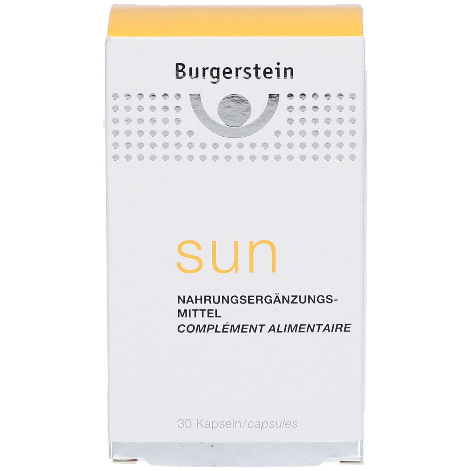Weiße Burgerstein-Schachtel mit "sun" Schriftzug. Nahrungsergänzungsmittel. 30 Kapseln. Logo oben.