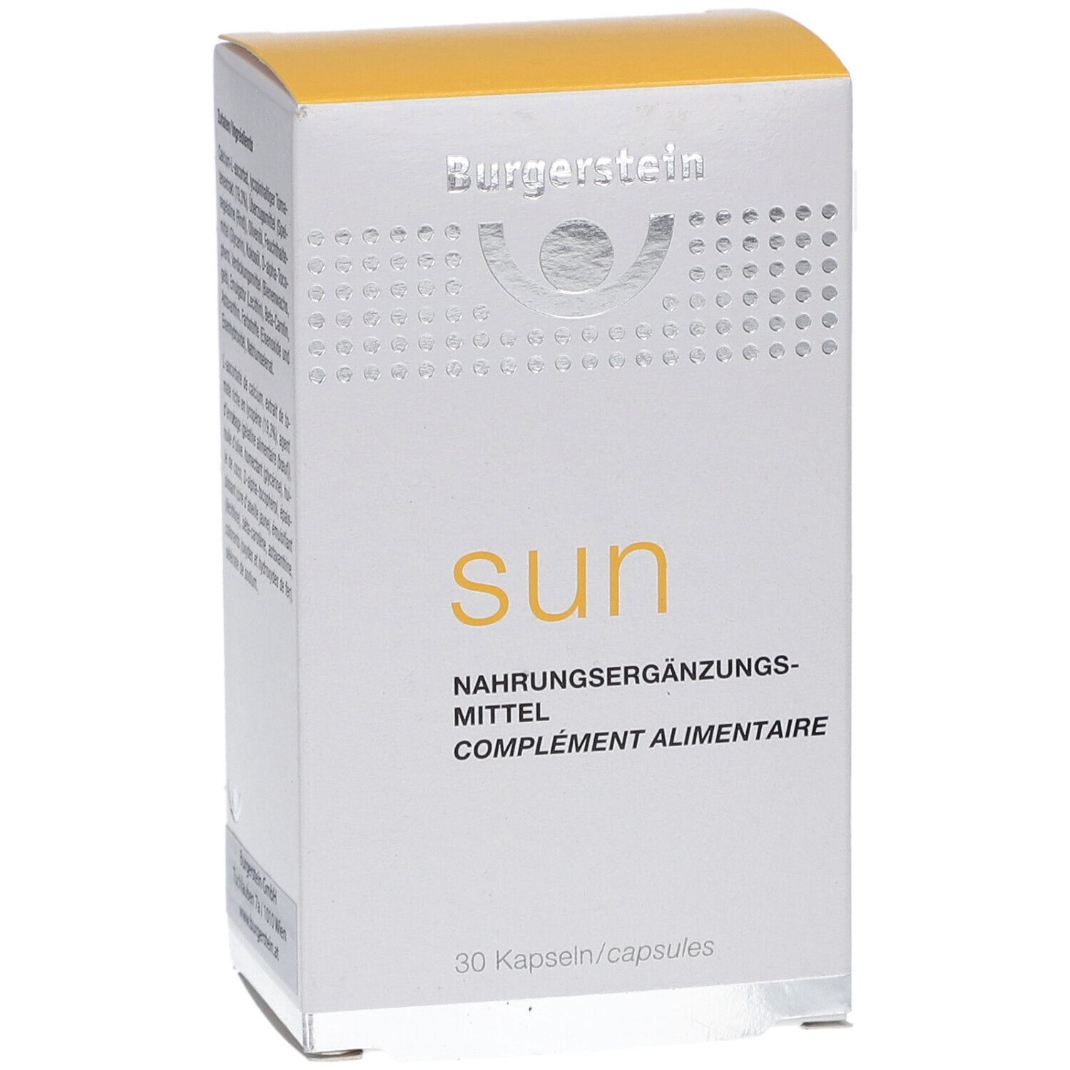 Burgerstein-Schachtel, leicht schräg. "sun" Schriftzug, Nahrungsergänzungsmittel. 30 Kapseln. Logo oben.