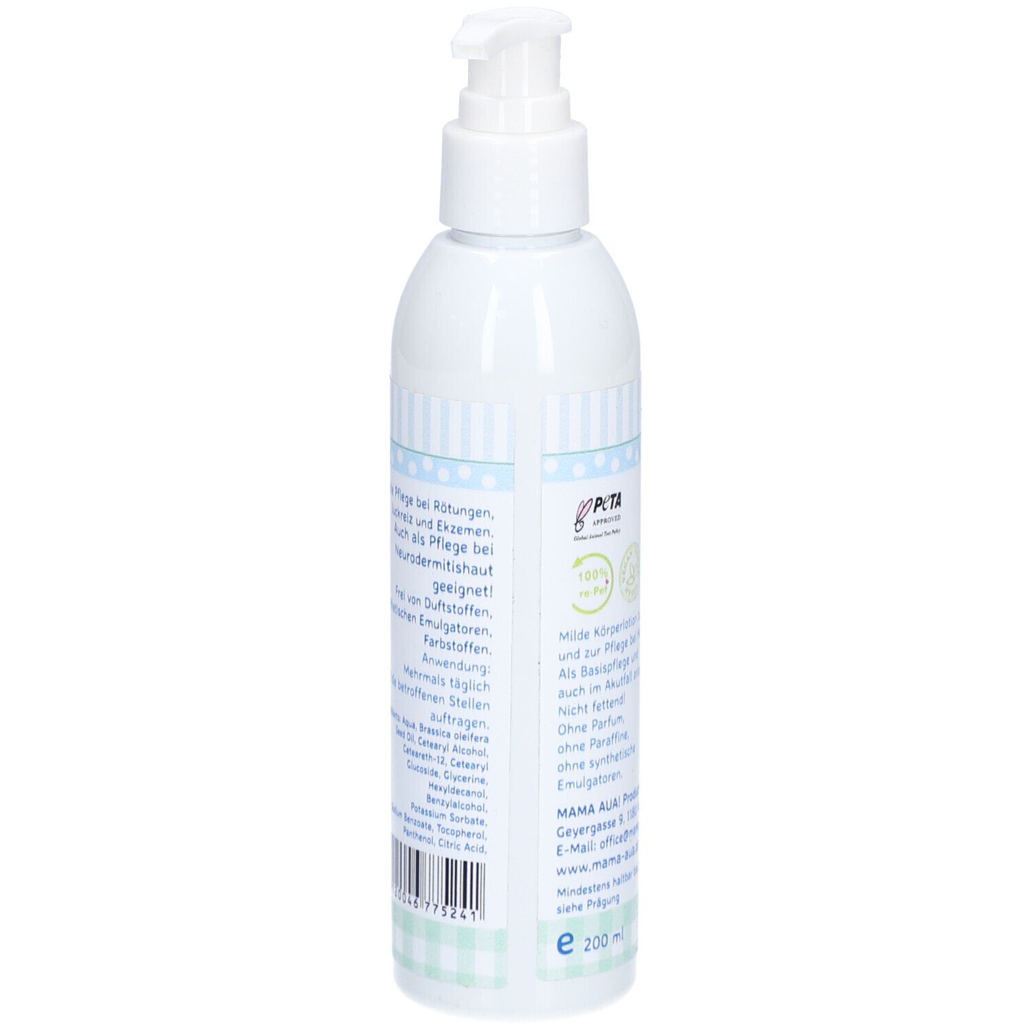 Weiße Lotion-Flasche mit Pumpkopf. Rückseite mit Text und PETA-Logo. Aufschrift: Mama Aua! Akutpflege Lotion.