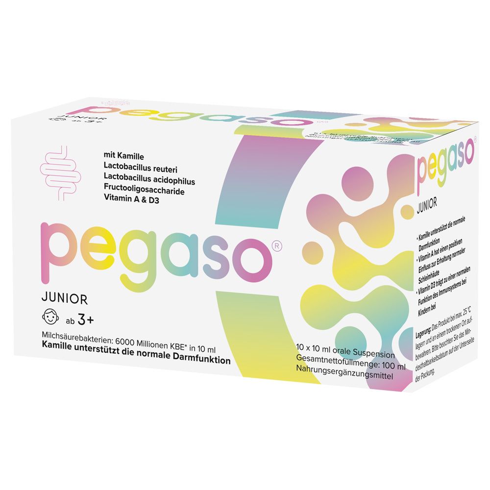 Verpackung von pegaso® Junior. Enthält Kamille, Milchsäurebakterien und Vitamine. Für Kinder ab 3 Jahren.