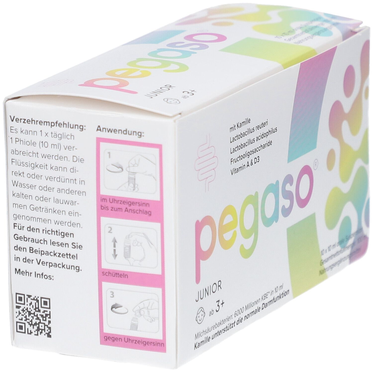 Karton pegaso JUNIOR, Ansicht der Seite mit Anwendungsanleitung. Enthält Kamille, Milchsäurebakterien, Vitamin A & D3.