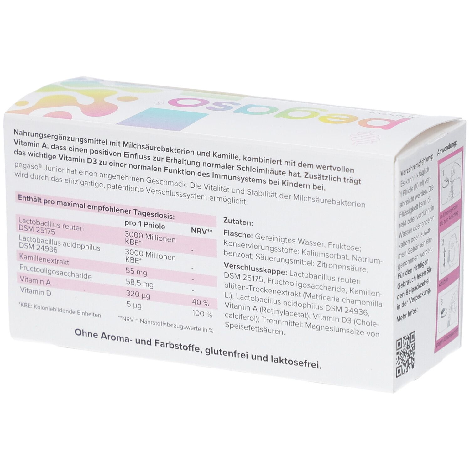 Rückseite der pegaso JUNIOR Verpackung. Enthält Informationen zu Inhaltsstoffen und Nährwerten. Ohne Aroma- und Farbstoffe.
