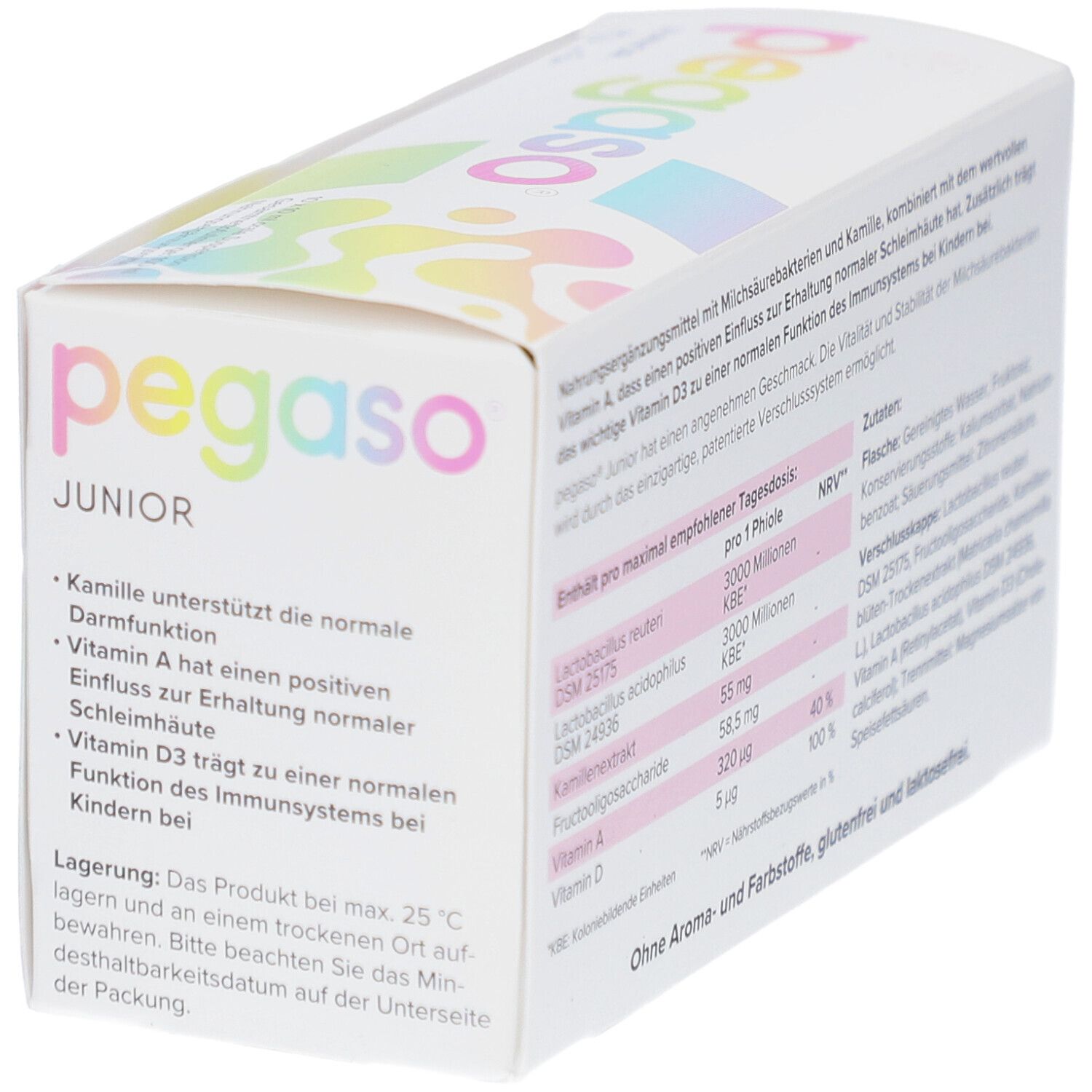 Seite der pegaso JUNIOR Verpackung. Enthält Informationen zu Inhaltsstoffen und Lagerung. Ohne Aroma- und Farbstoffe.