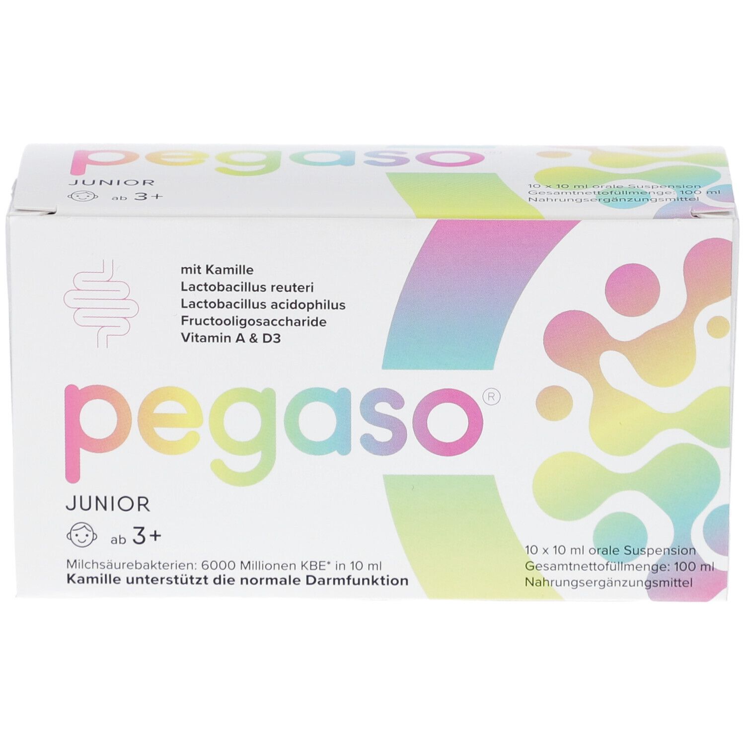 Karton mit pegaso JUNIOR. Enthält Kamille, Milchsäurebakterien, Vitamin A & D3. Ab 3+. 10x10ml orale Suspension.